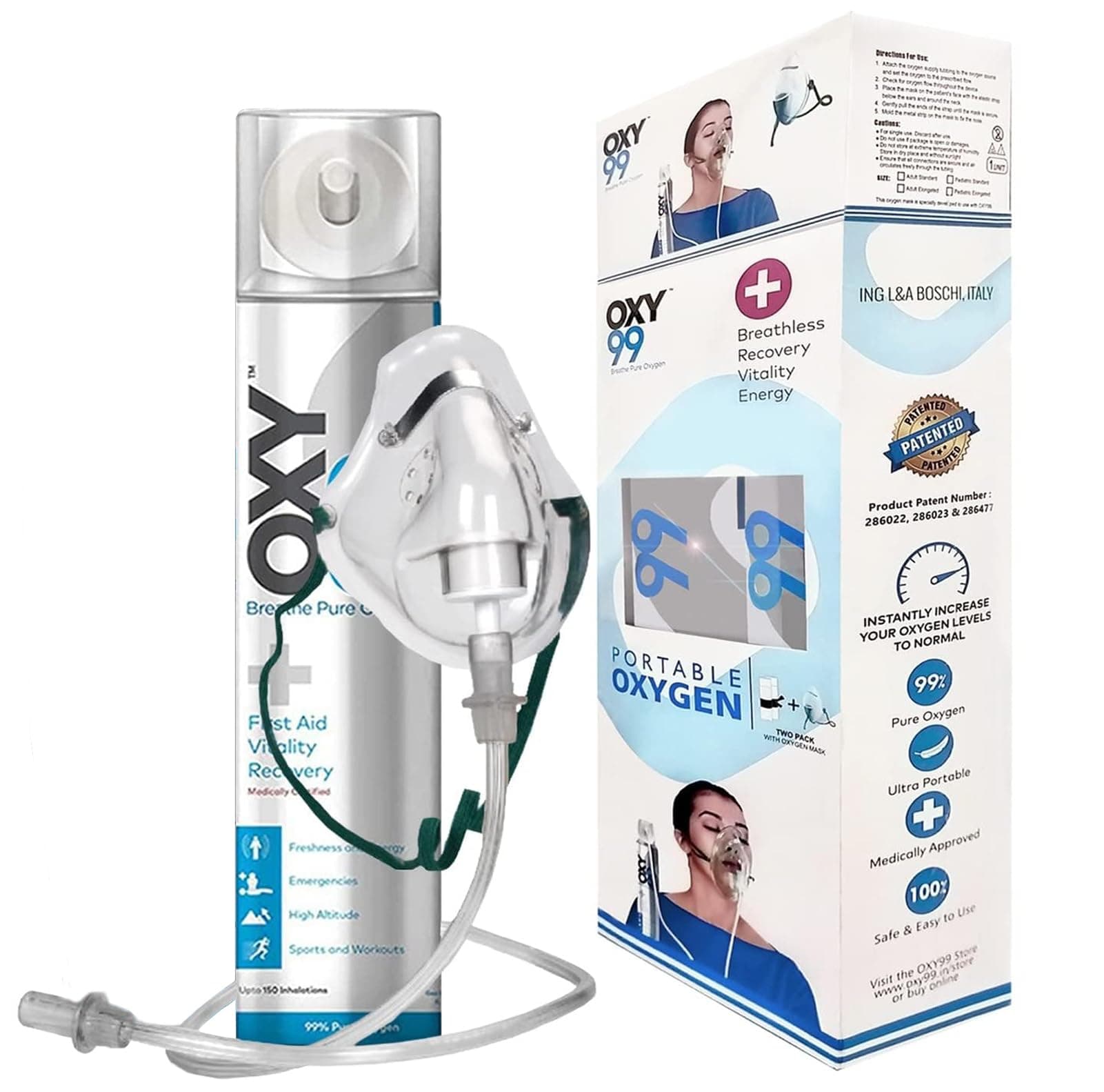 Oxy99 portable oxygen cylinder single pack with mask ING. BOSCHI ITALY