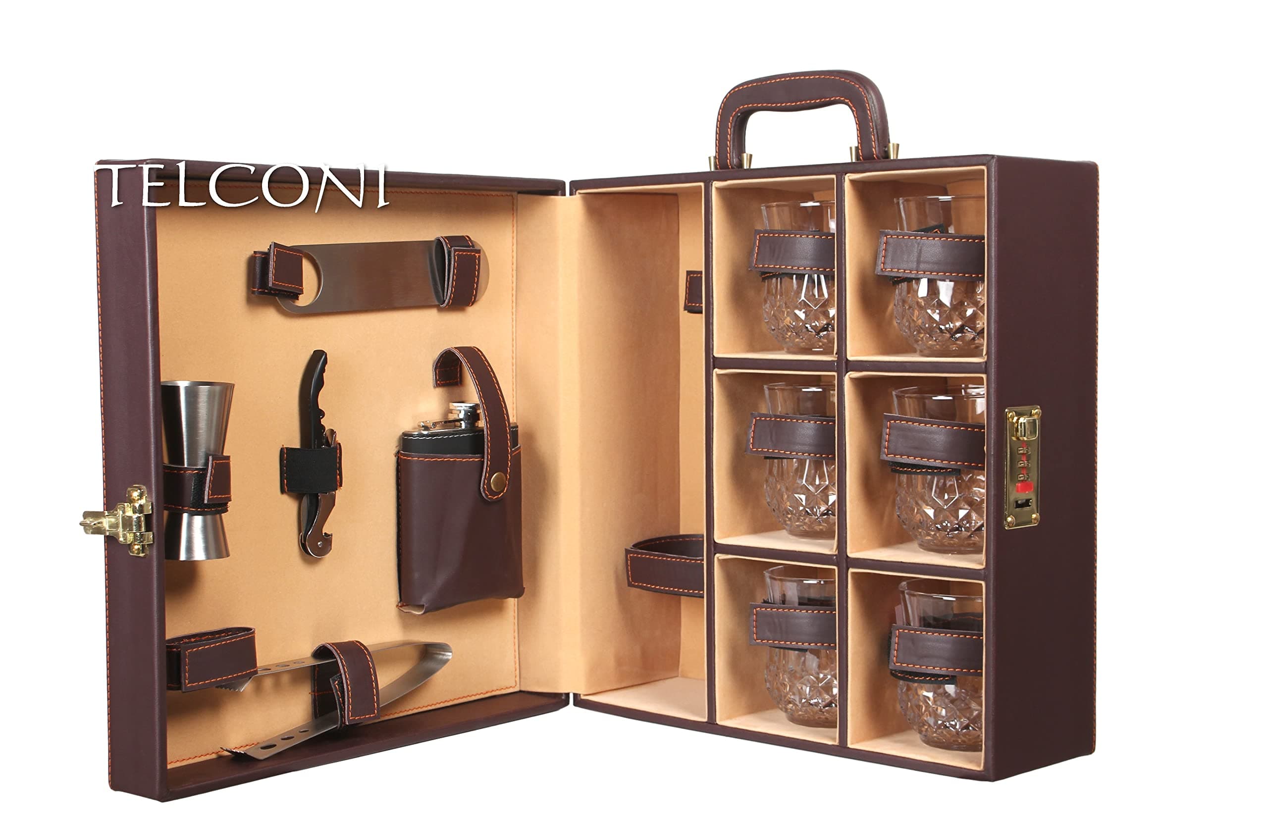 Portable Leatherette Briefcase Whiskey Glasses Travel Picnic Mega Bar Set (Brown)