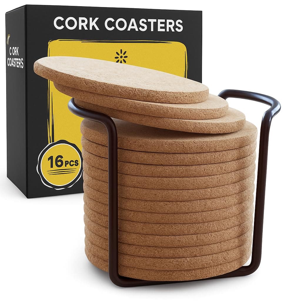 Cork Coasters for Drinks with Metal Holder - 16 Pcs Round 4 inch Drink Coaster Thick Absorbent Heat-Resistant Saucer - Used for Cold Hot Beverages Glasses Mugs Cups Plants Apartment Decor Bar Table