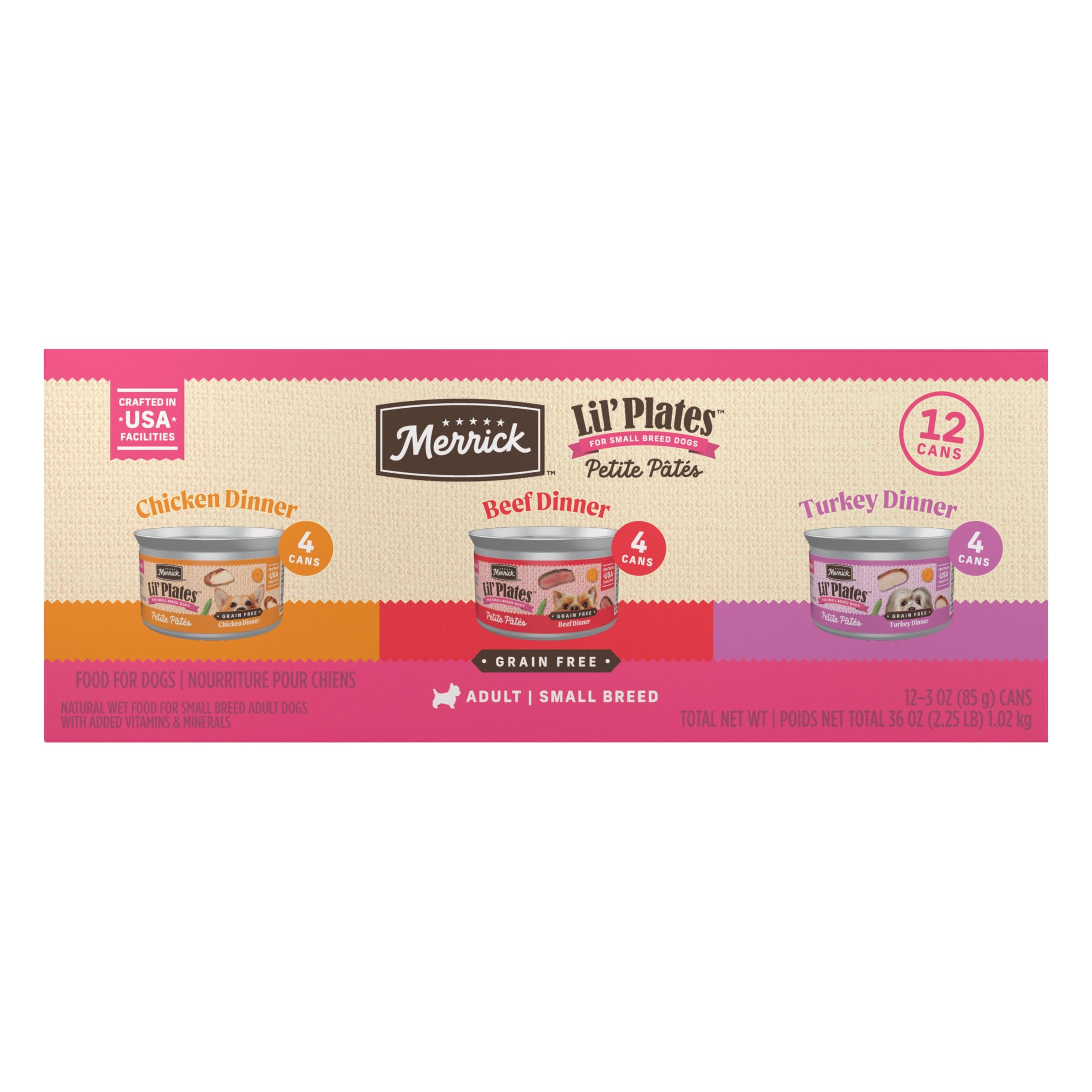 Lil’ Plates Petite Pates Premium Grain Free Wet Dog Food Variety Pack, Natural Beef, Chicken, Turkey - (Pack of 12) 3 oz. Cans