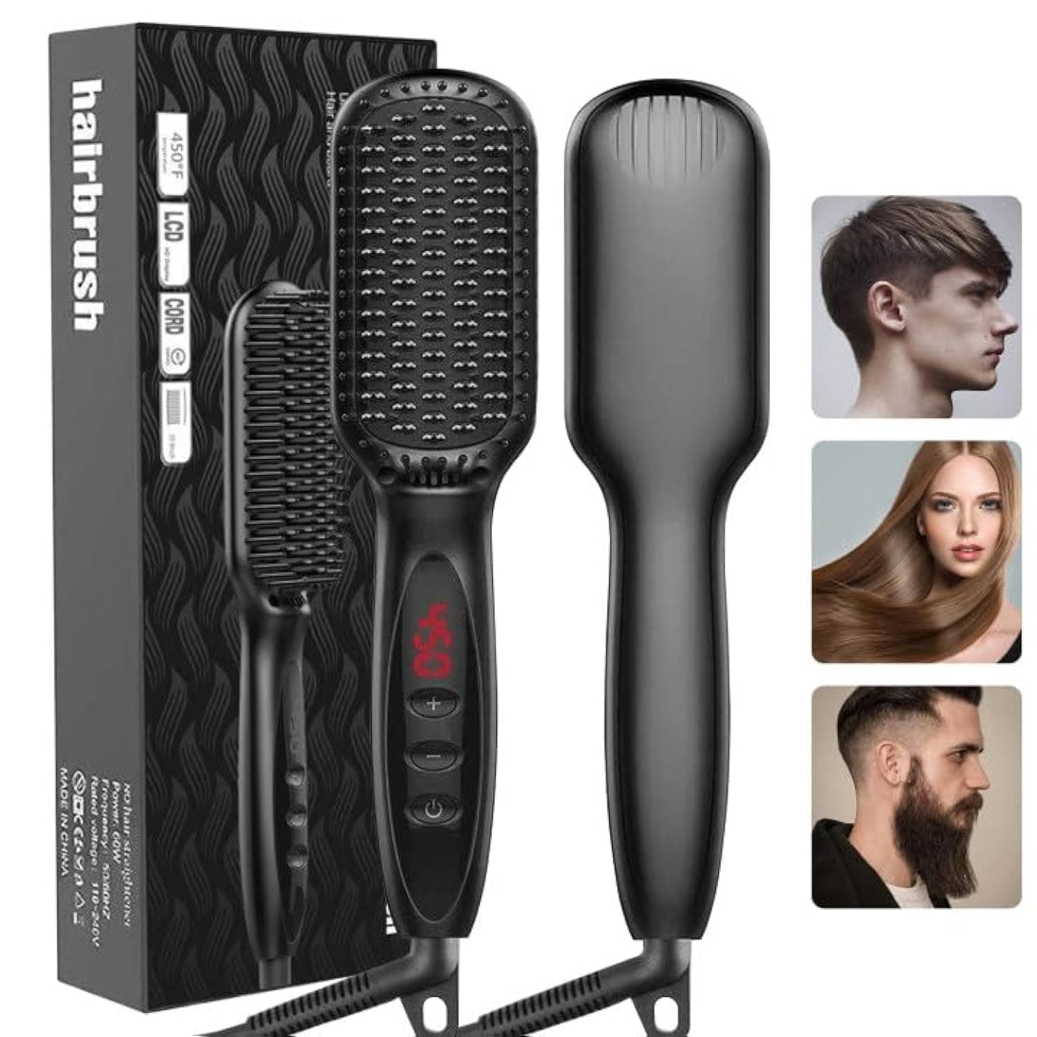 NecomiStraightener Brush, Cordless Heated Hair & Beard Brush with 12 Temperature Settings & Ionic Technology, Anti-scald Straightening Brush Ceramic Flat Iron Brush for Home Travel
