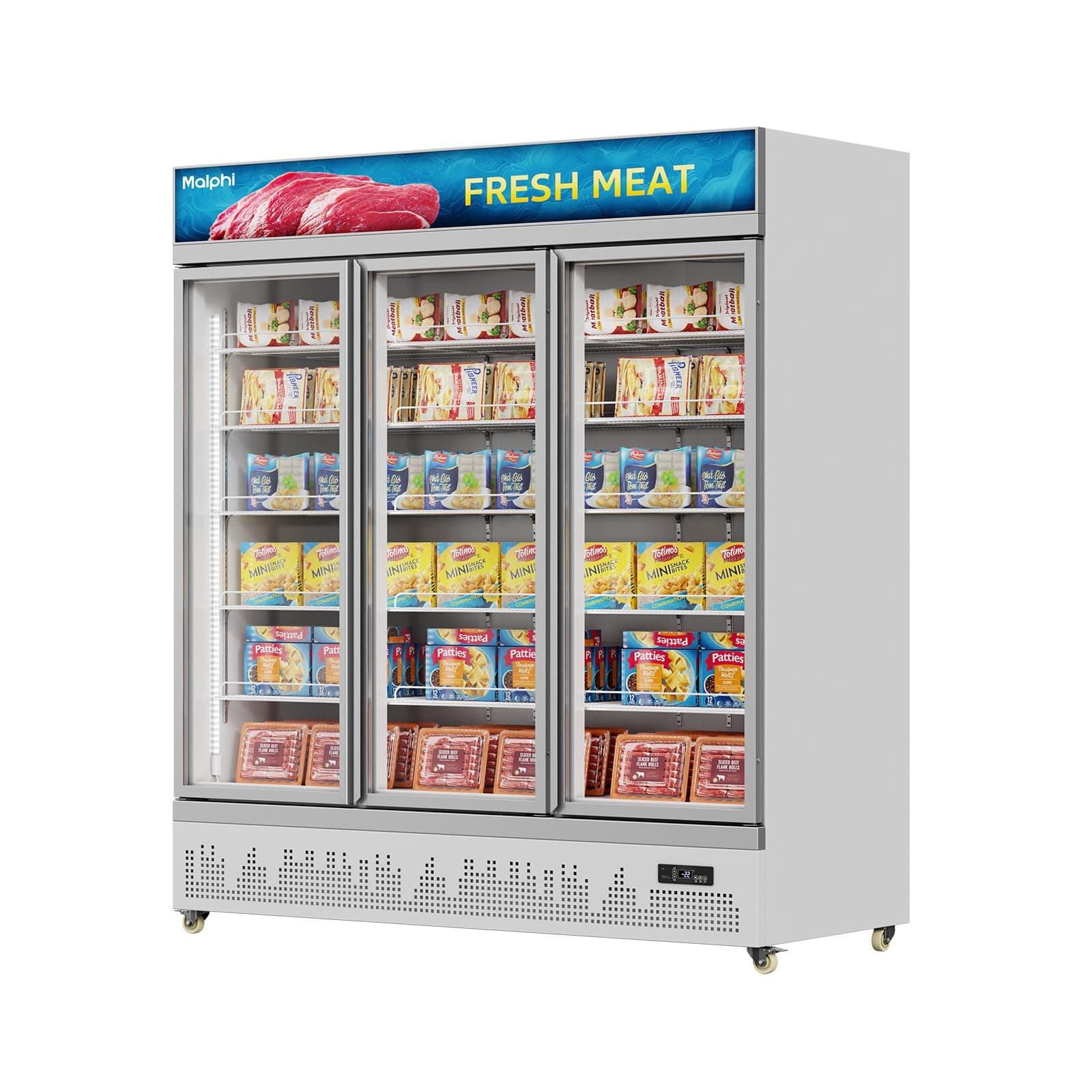 Malphi Commercial Refrigerator with Lighting Box 400Litre Upright Freezer -22℃ to -18℃ Self-Closing Door Display Fridge H1980xD750xW750mm Adjustable Shelves for Ice Cream Meat (White, Three Doors)