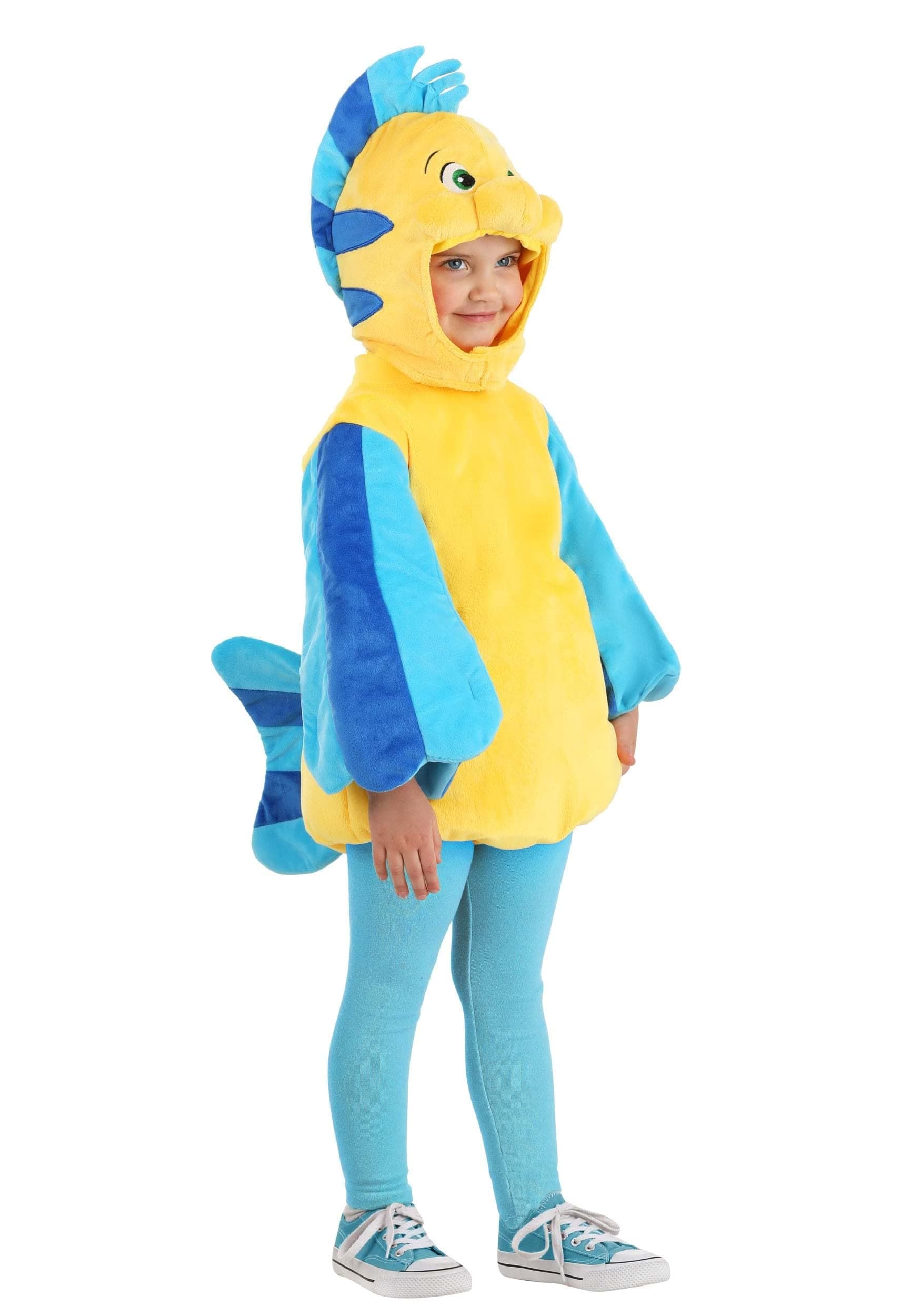 Disney The Little Mermaid Flounder Toddler Halloween Costume | Flounder Fish Jumpsuit Halloween with Hood & Tail