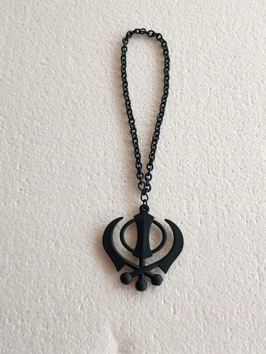 Sikh Khanda Sahib Metal Car Hanging Rear View Mirror Show Piece - Complete with Chain (6 cm, Black)