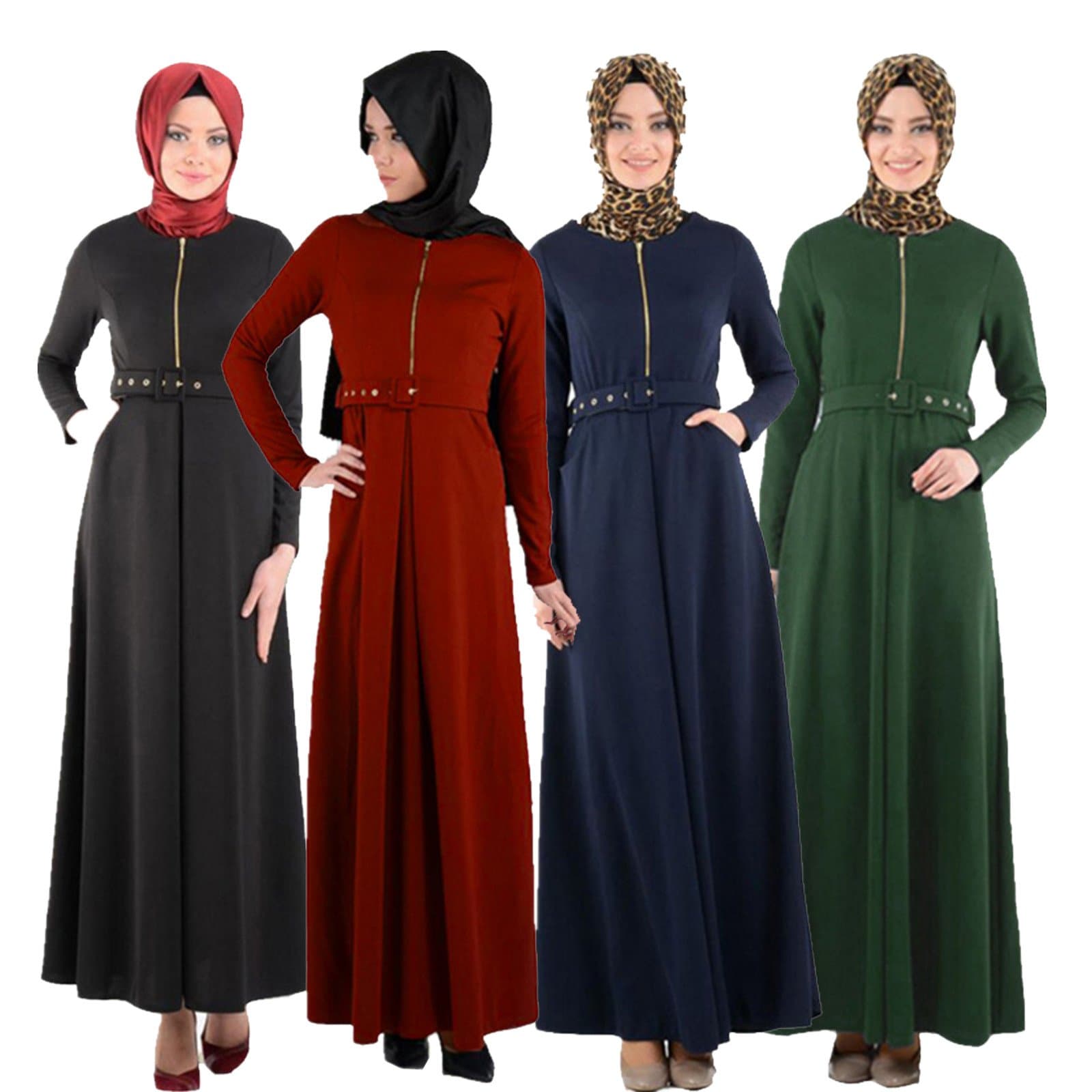 HengChi Women's Long Sleeves Muslim Islamic Abayas Maxi Jilbab Dress Pleated New (Dark Blue, L)