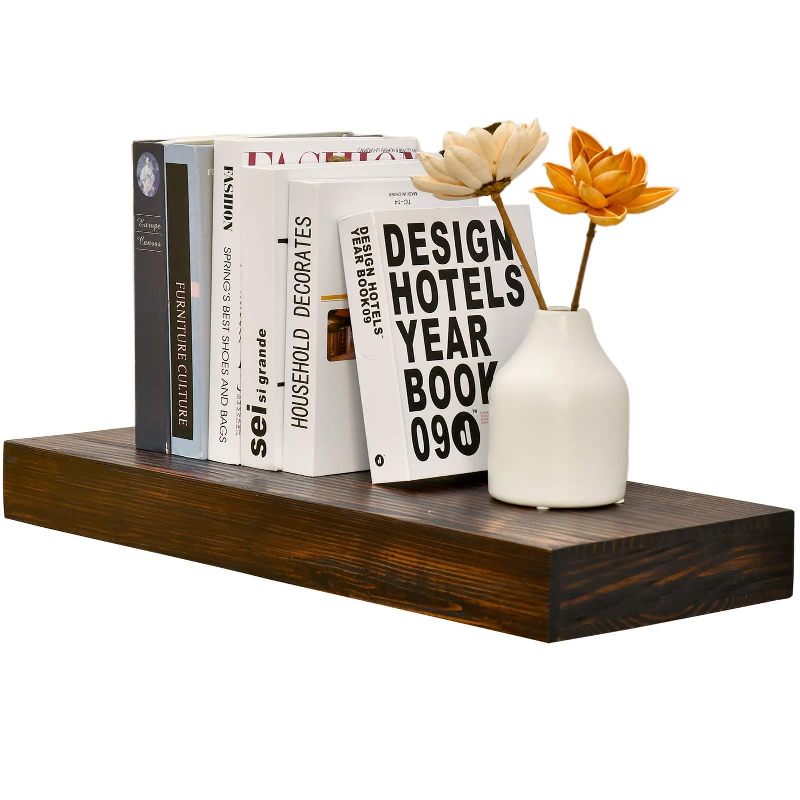 WELLAND Colin Pine Floating Shelves 10" Wide Rustic Wall Shelf Wall Mounted Wooden Shelves,Deep Walnut (24inch)