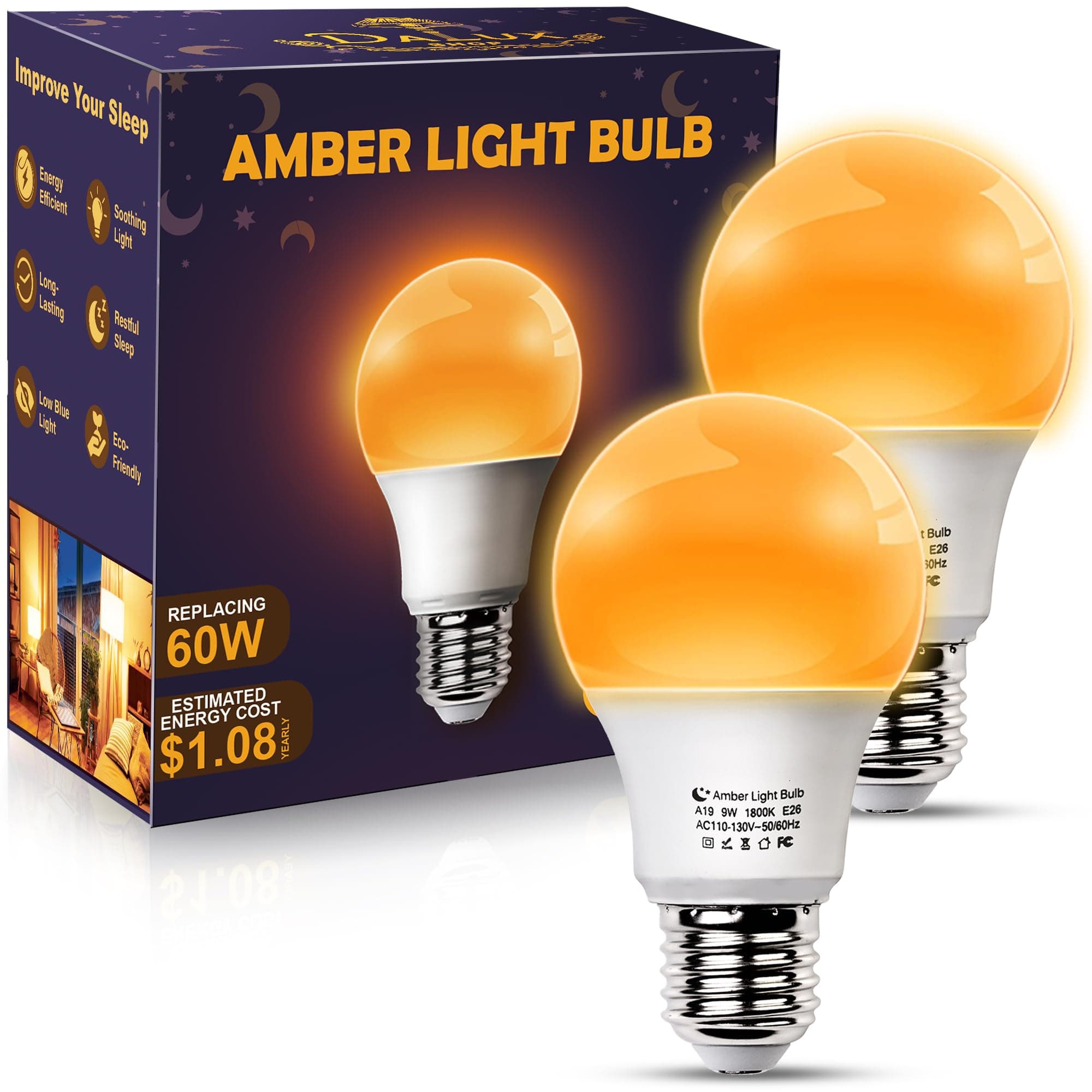 Amber Sleep Light Bulbs, Blue Light Blocking, A19 9W(60 Watt Equivalent) Dim Light Bulbs, 1800K Warm Light Bulb, E26 for Healthy Sleep, Bedroom, Kids Room, 2 Pack