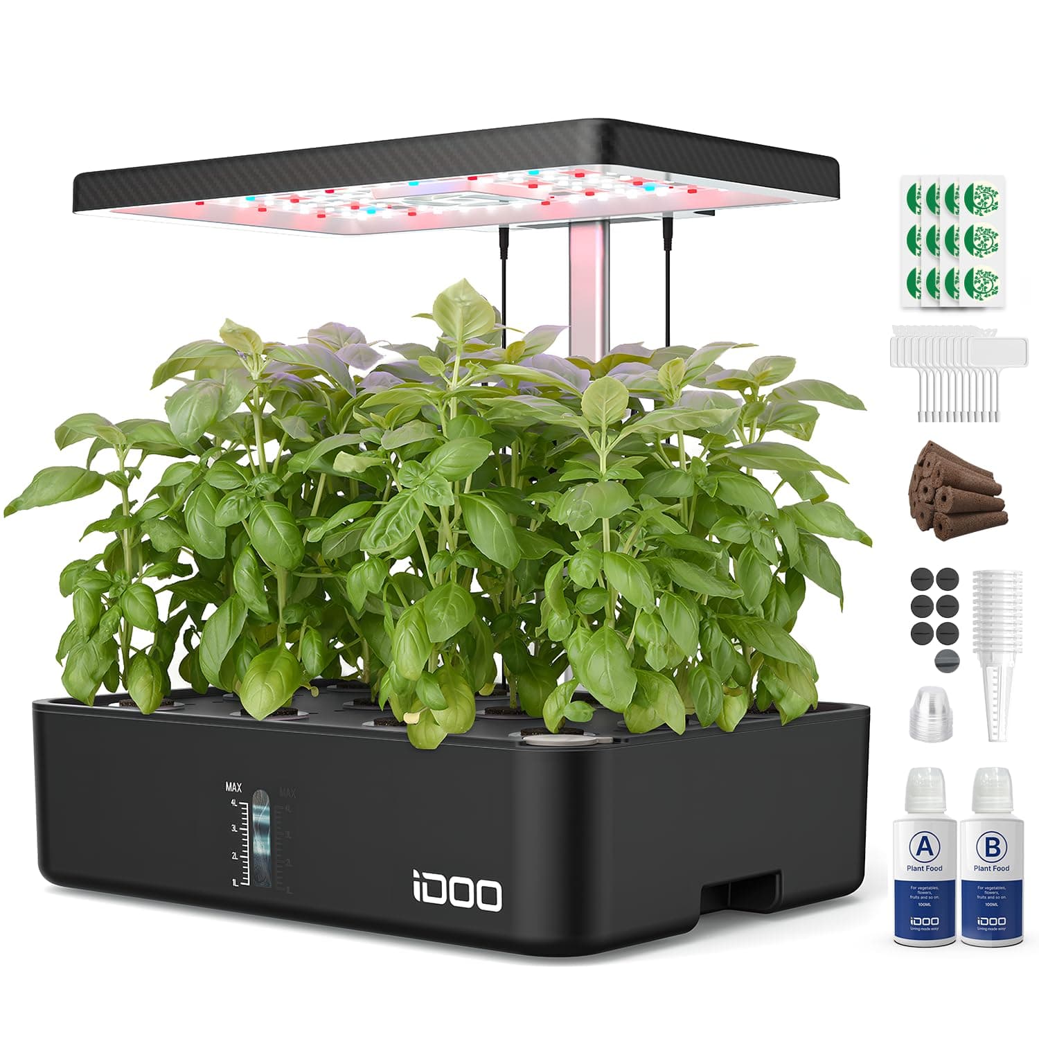 iDOO Hydroponics Growing System Kit 12Pods, Birthday Gifts for Mom Women, Herb Garden Indoor with LED Grow Light for Home School, Built-in Fan, Auto-Timer, Adjustable Height Up to 11.3", 12Pods-Black