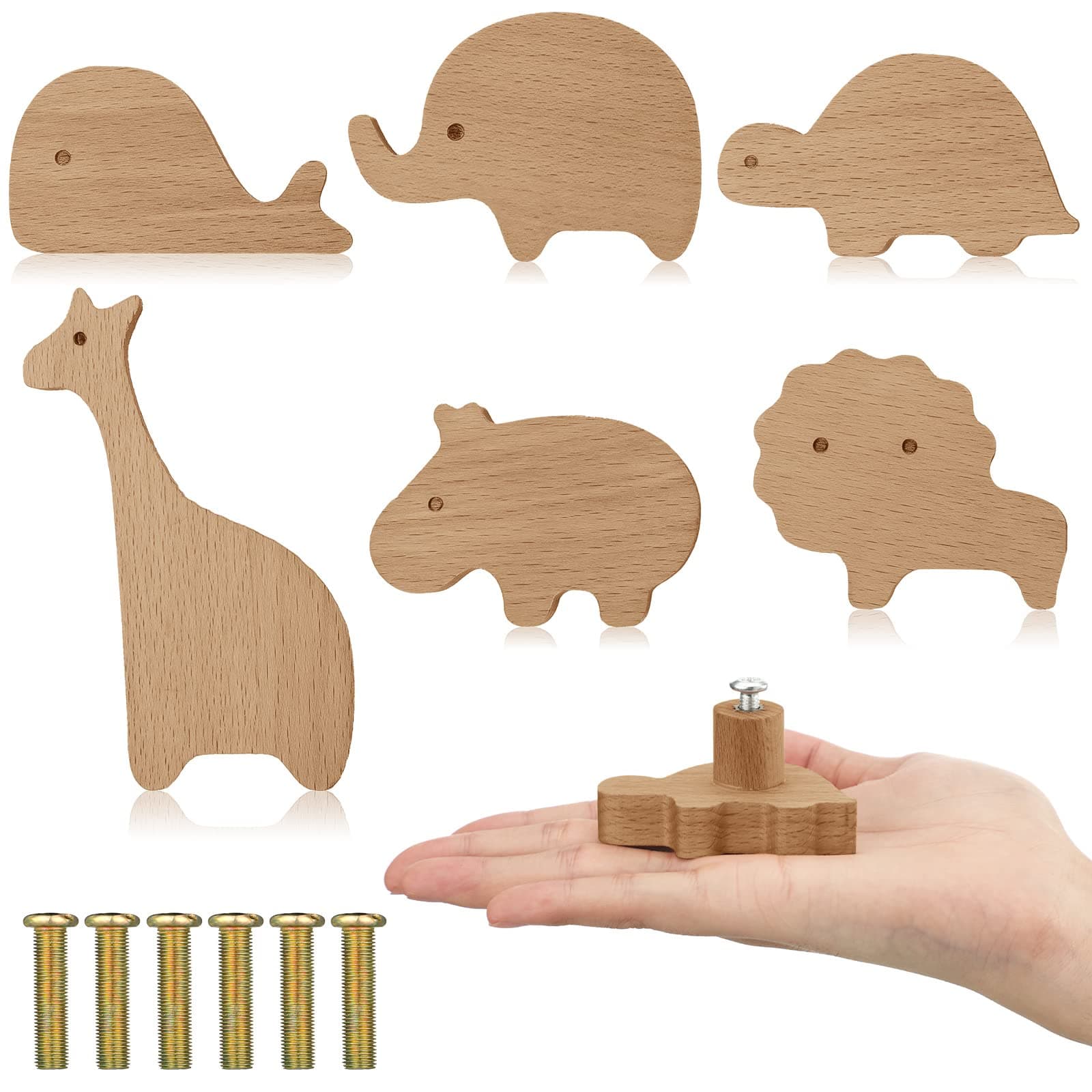 Qunclay Wooden Animal Cabinet Knobs Decorative Wood Dresser Knobs with Screws Dresser Pulls Wood Marine Woodland Animals Knobs Furniture Knobs Nursery Drawer Handles for Decor (Zoo, 6 Sets)