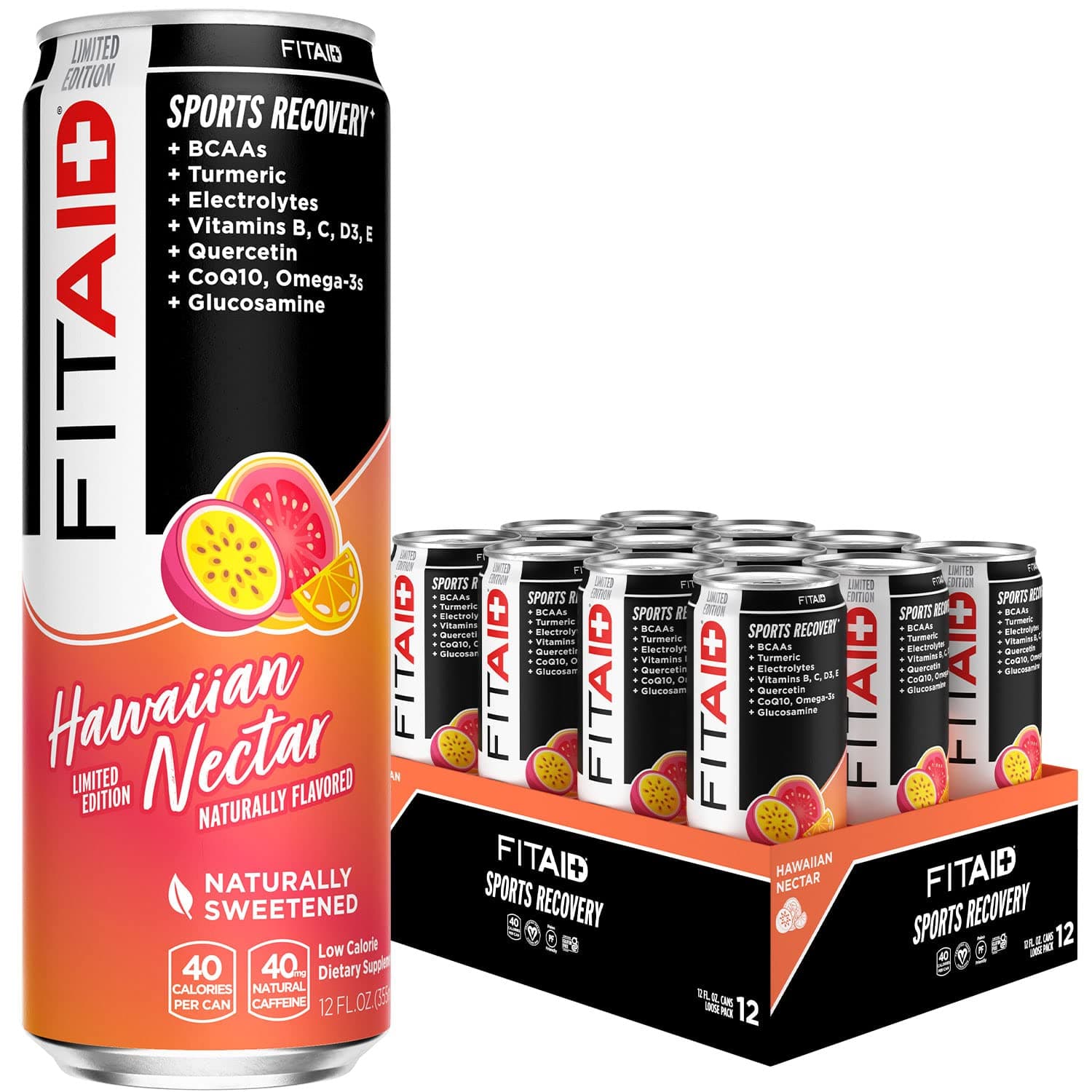 FITAID Post Workout Recovery Drink, Hawaiian Nectar, Passion Fruit, Orange & Guava, BCAAs, Glucosamine, Electrolytes, 40 Calories, 12 Fl Oz (Pack of 12)
