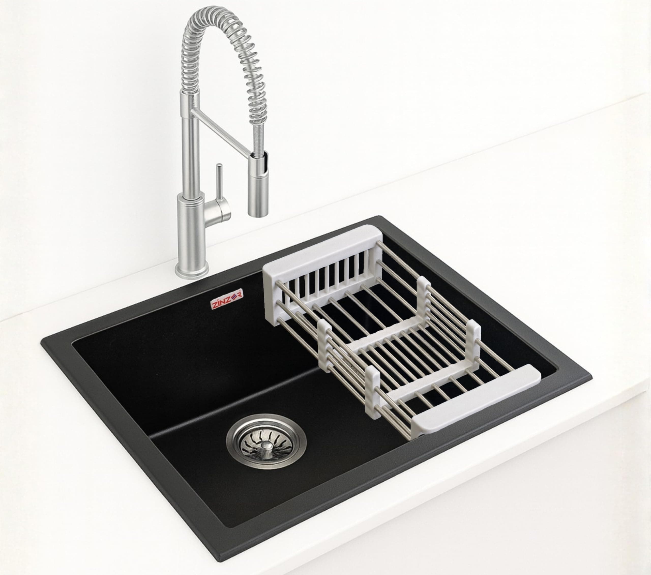 Quartz Sink for Kitchen | Black Granite Single Bowl 24×18, UV Protected, Scratch & Heat Resistant, With Waste Coupling, Waste Pipe & Vegetable Basket