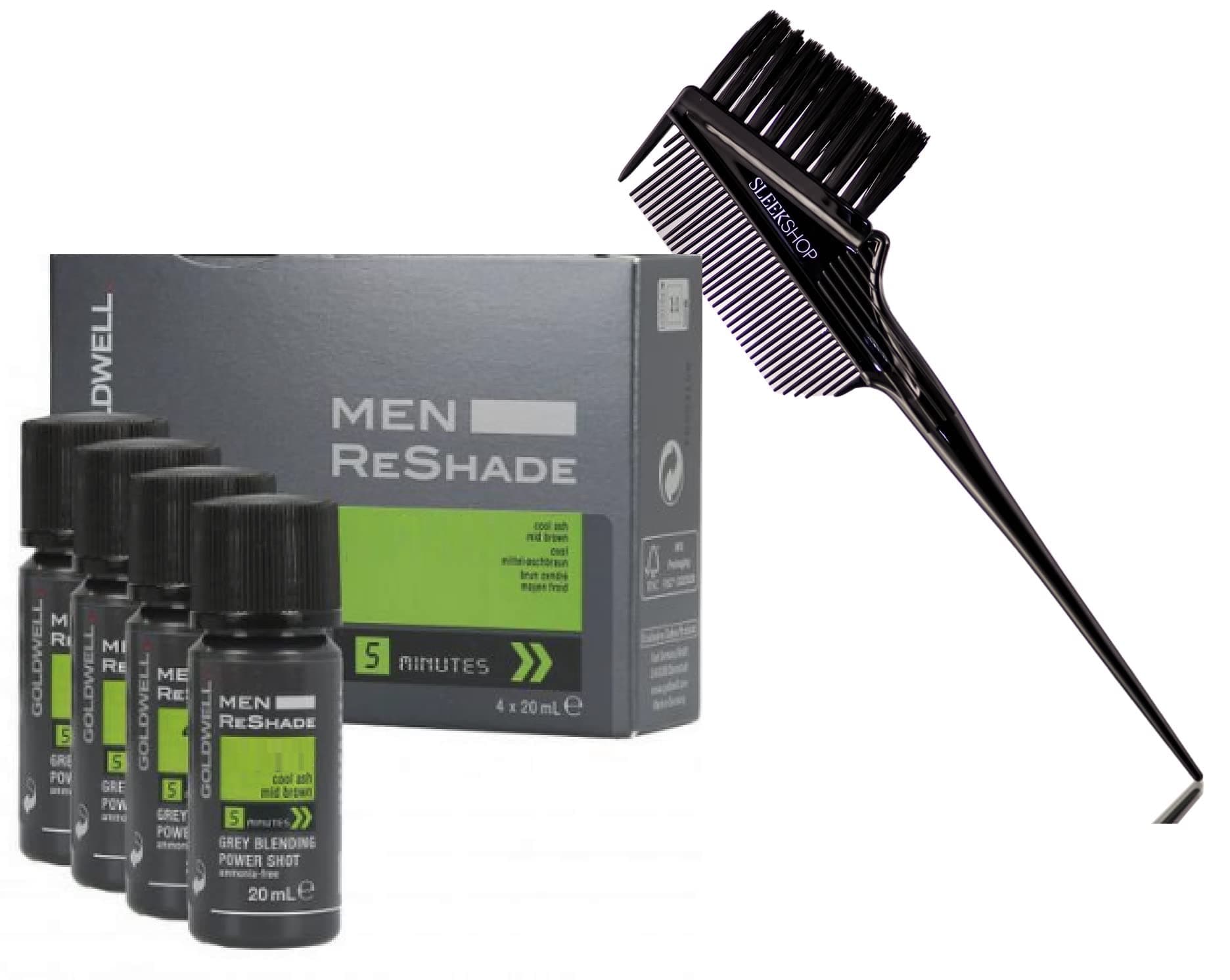 shallow MEN Reshade Grey Blending Power Shot Haircolor Dye, Ammonia-Free (w/ Sleekshop 3-in-1 Comb Brush) Hair Color, Man Gray Re