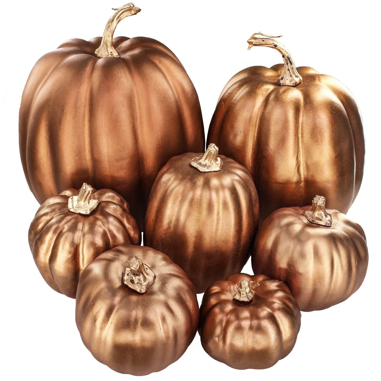 Winlyn 7 Pcs Assorted Sizes Artificial Metallic Bronze Pumpkins Rustic Decorative Fall Foam Pumpkins for Gifts Thanksgiving Halloween Harvest Fall Wedding Table Centerpiece Mantel Shelf Decor