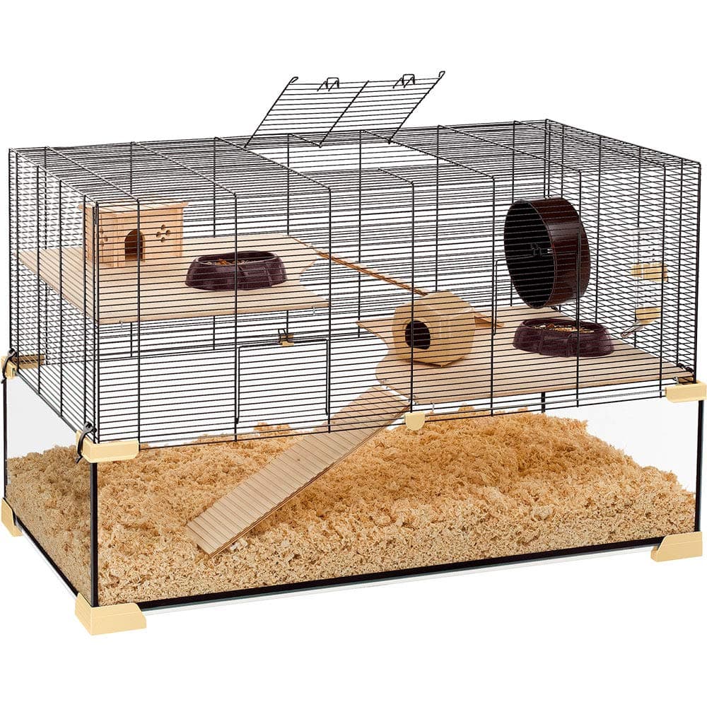 Ferplast hamsters, mice and rodents cage KARAT 100. Two floor structure with accessories, made of glass and black varnished metal, 98,5 x 50,5 x h 61,5 cm