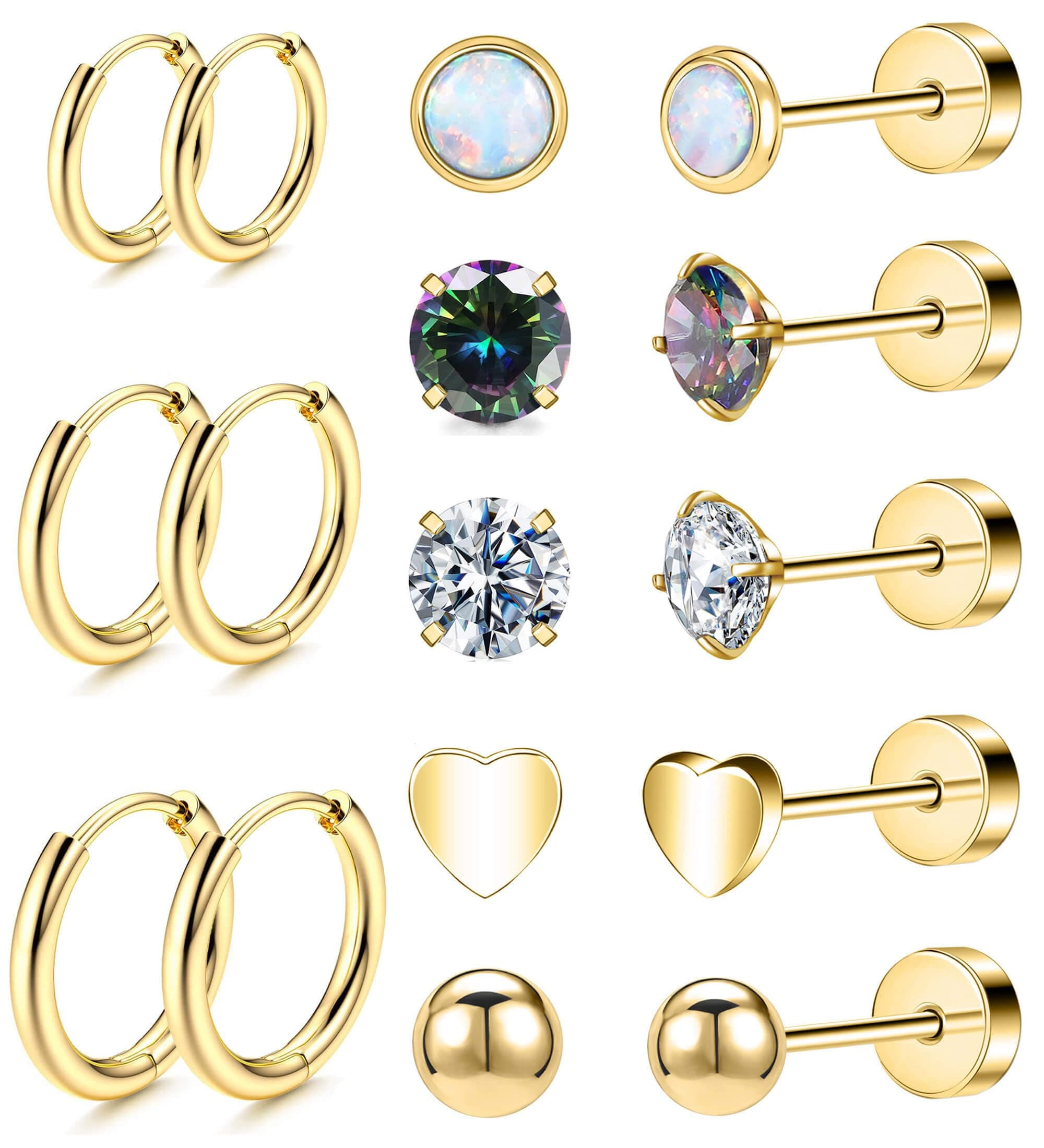 Hypoallergenic Titanium Earrings for Sensitive Ears 14K Gold Plated Opal Ball CZ Heart Flat Back Earrings for Women Men Small Surgical Steel Flatback Stud Hoop Cartilage Earring Set for Multiple Piercing