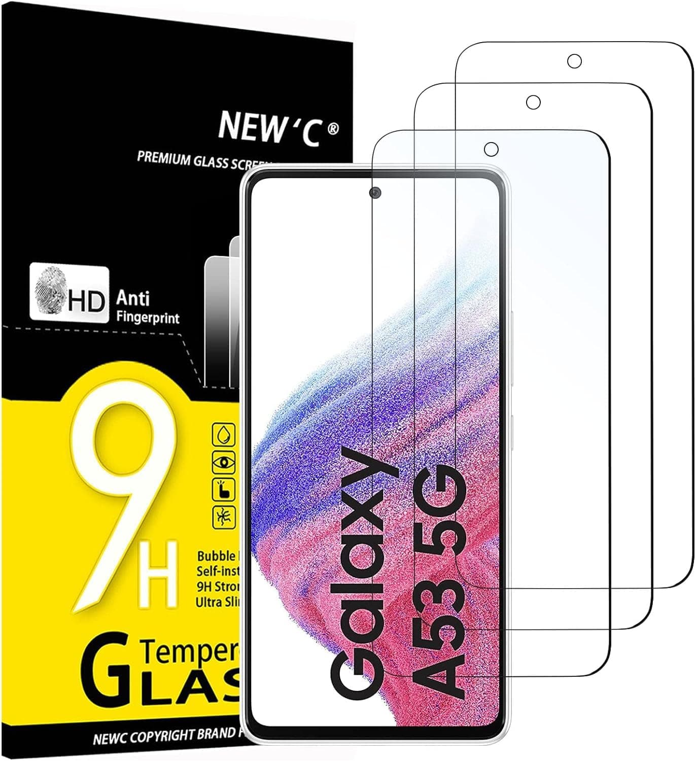 NEW'C 3 Pack Designed for Samsung Galaxy A53 5G Screen Protector Tempered Glass, Case Friendly Anti Scratch Bubble Free Ultra Resistant