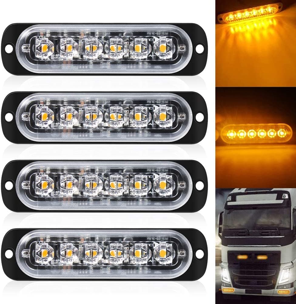 Strobe Flashing Light Amber, 6 LED Emergency Light Bar 12V-24V LED Beacon 18 Flashing Modes Warning Marker Light for Vehivle Car Truck, Grill Beacon Light (Pack of 4)