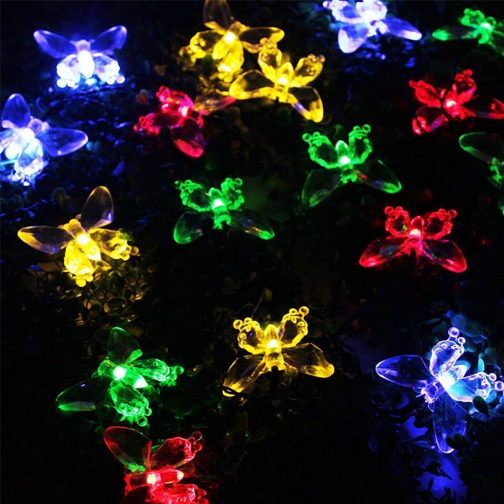 4.8M 20 LEDS Multicolored LED Butterfly Solar Lights String Lights Fairy Lights Outdoor Waterproof Garden Patio Pathway Border Stake Lights