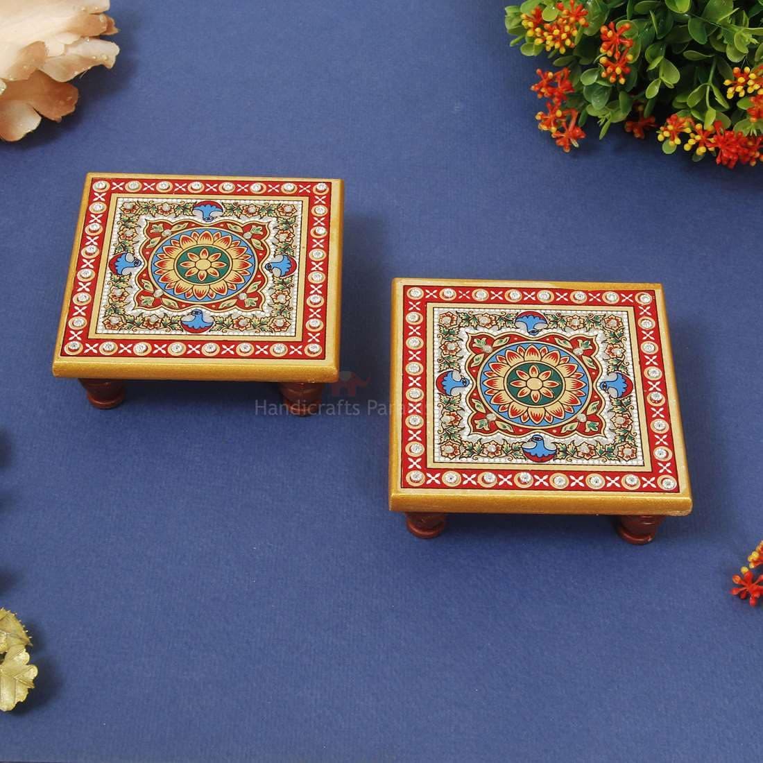 Handicrafts Paradise Intricate Floral Painted Marble Chowki (10.2 cm x 10.2 cm x 2.55 cm, Set of 2, Multi Color)