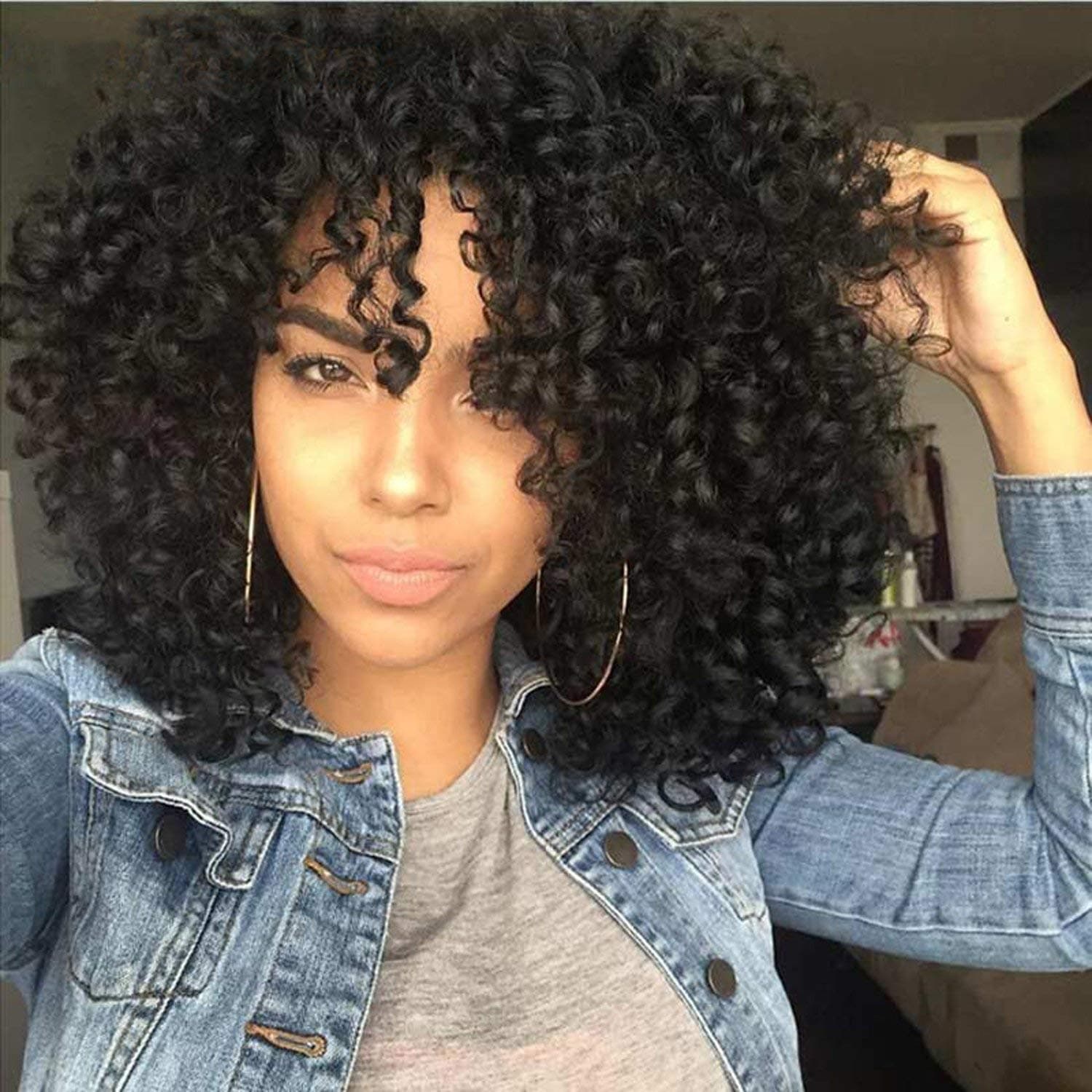 Synthetic Curly Wigs for Black Women Kinky Curly Afrian Full Wigs Black Color 14 Inch With Bangs,Free Caps