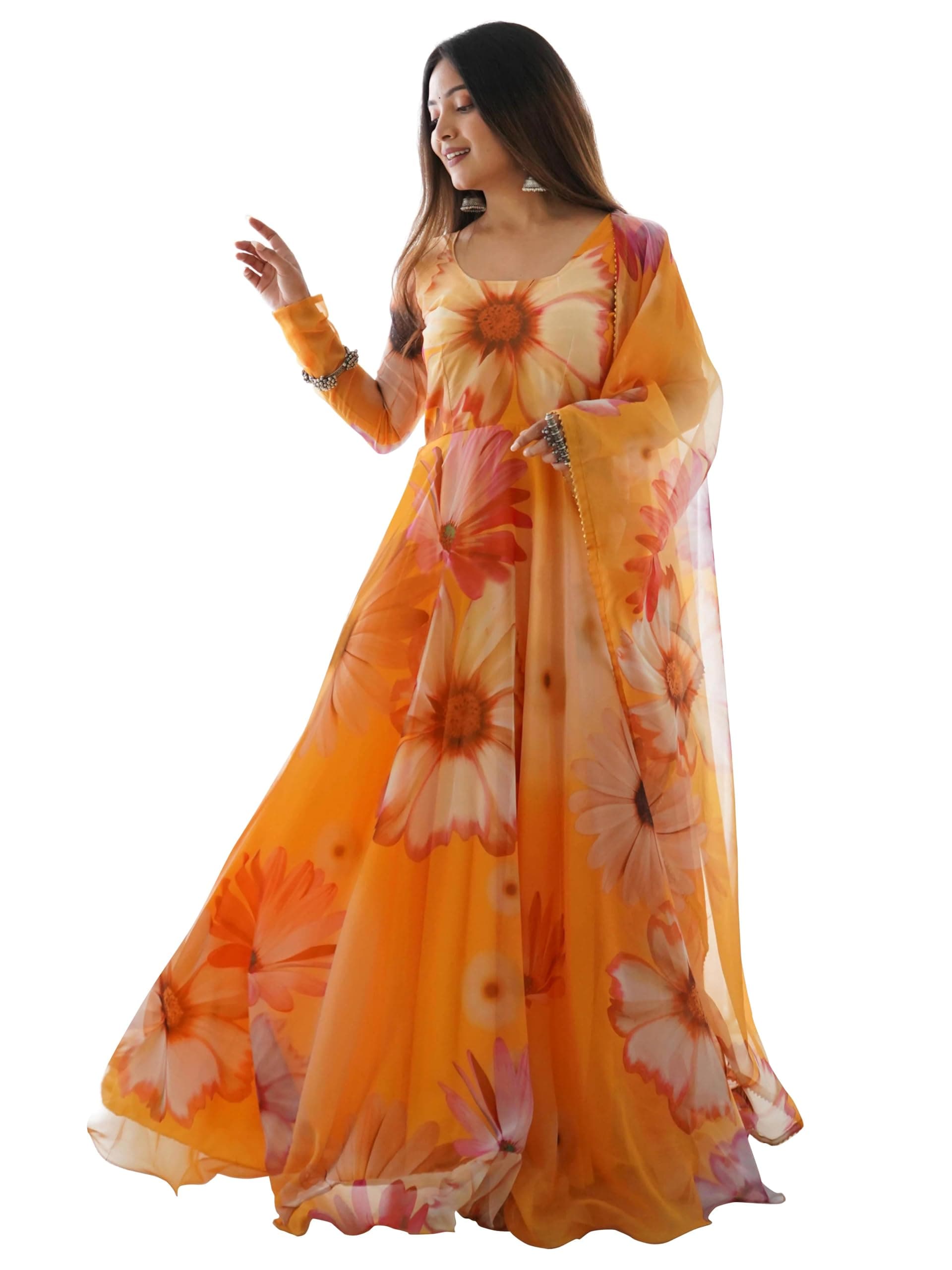 Shasmi Women's Stylish Floral Printed Orgenza Anarkali Dress Gown, Kurta with Dupatta Set Anarkali Floral Printed Gown with Dupatta