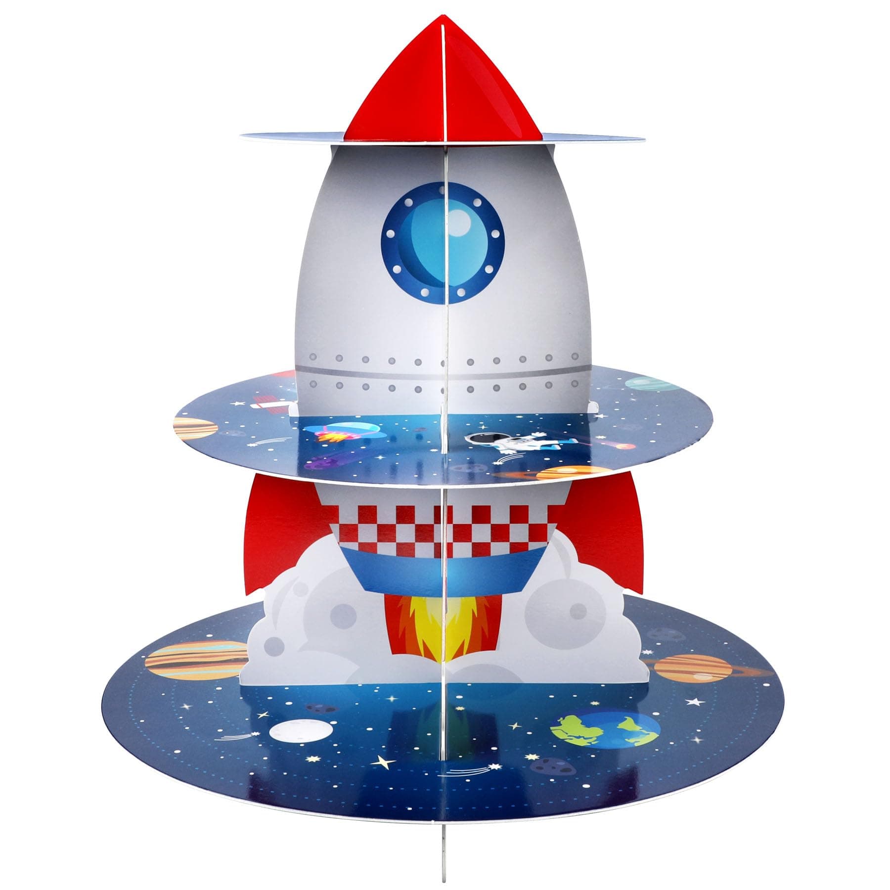 Pagather Space Cupcake Holder, Rocket Theme Birthday 3 Tier Cardboard Cupcake Stand, Galaxy Style Dessert Tower Display for Party Supplies Decoration