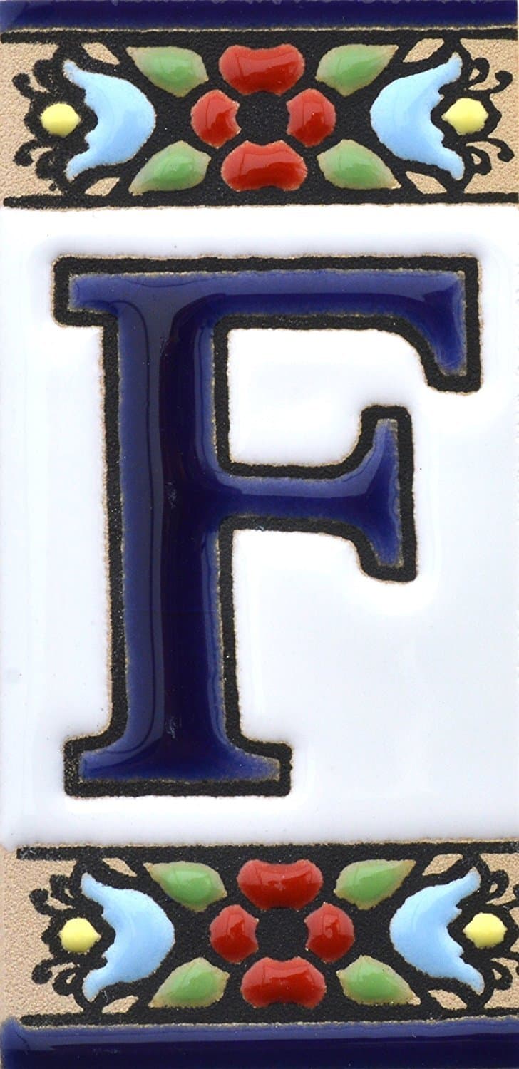 funky global Spanish, Hand painted polichrome ceramic tiles. letters and numbers handpainted using dry rope technique perfect to create signs,addresses and names. Design FLORES MINI (LETTER F)