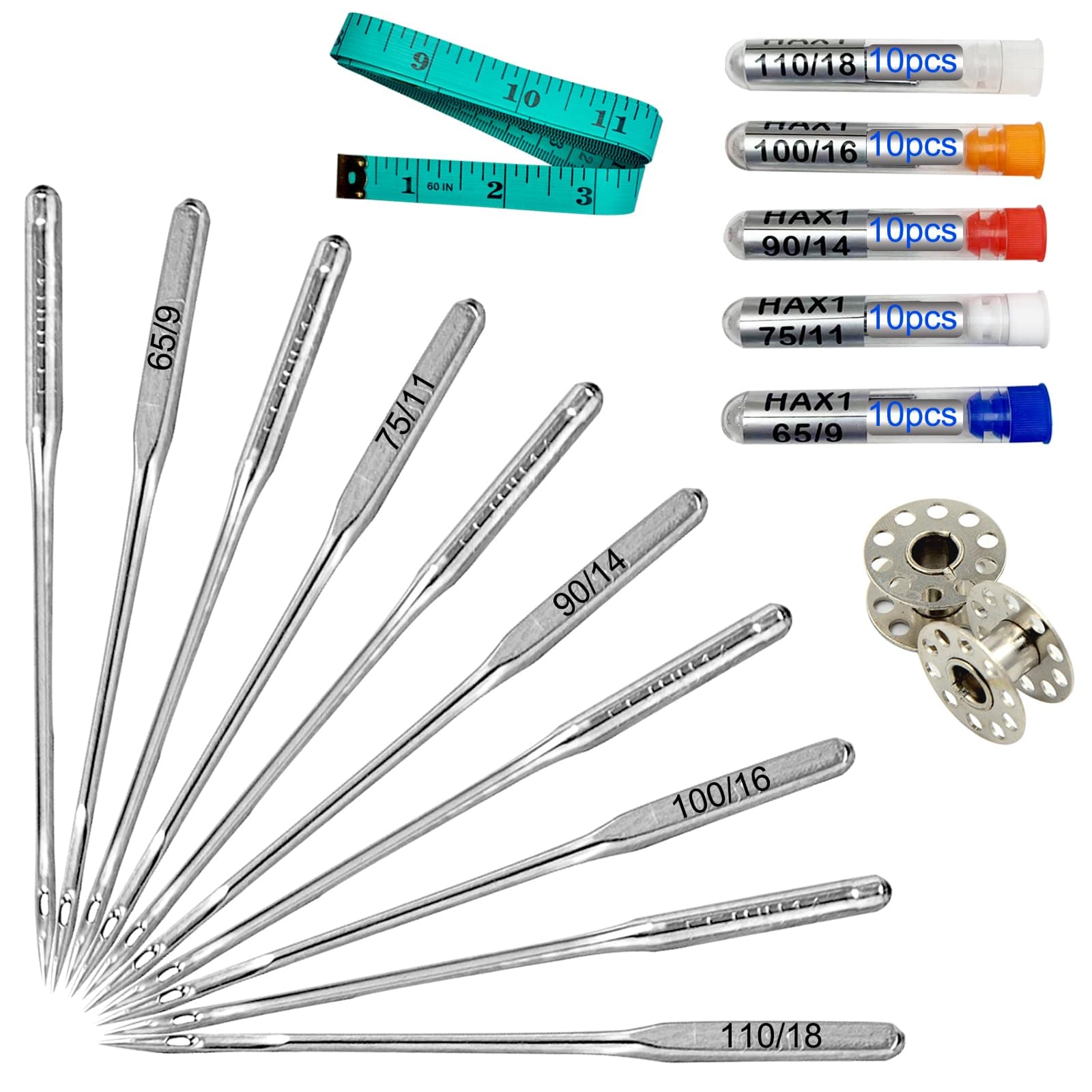 50 Pcs Universal Sewing Machine Needles HAX1 (65/9, 75/11, 90/14, 100/16 and Heavy Duty 110/18) Ideal for Various Fabrics, Compatible with Singer, Brother, Janome and Most Home Sewing Machine Brands