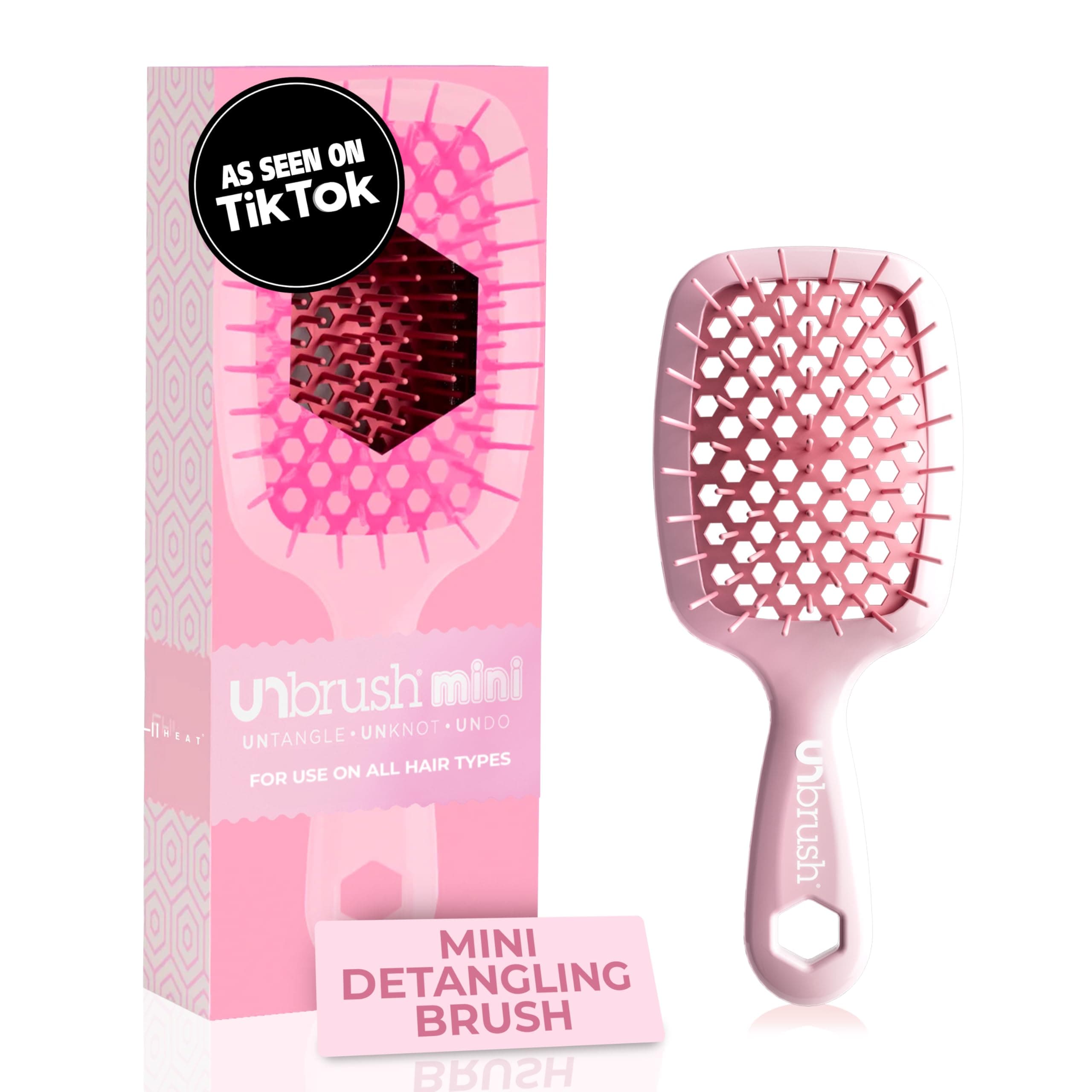FHI Heat UNbrush Mini Detangler Brush for Painless Brushing on All Wet or Dry Hair - Durable Duoflex Antistatic Bristles, Lightweight Handle, Breathable Mini Hairbrush, Peony Light Pink