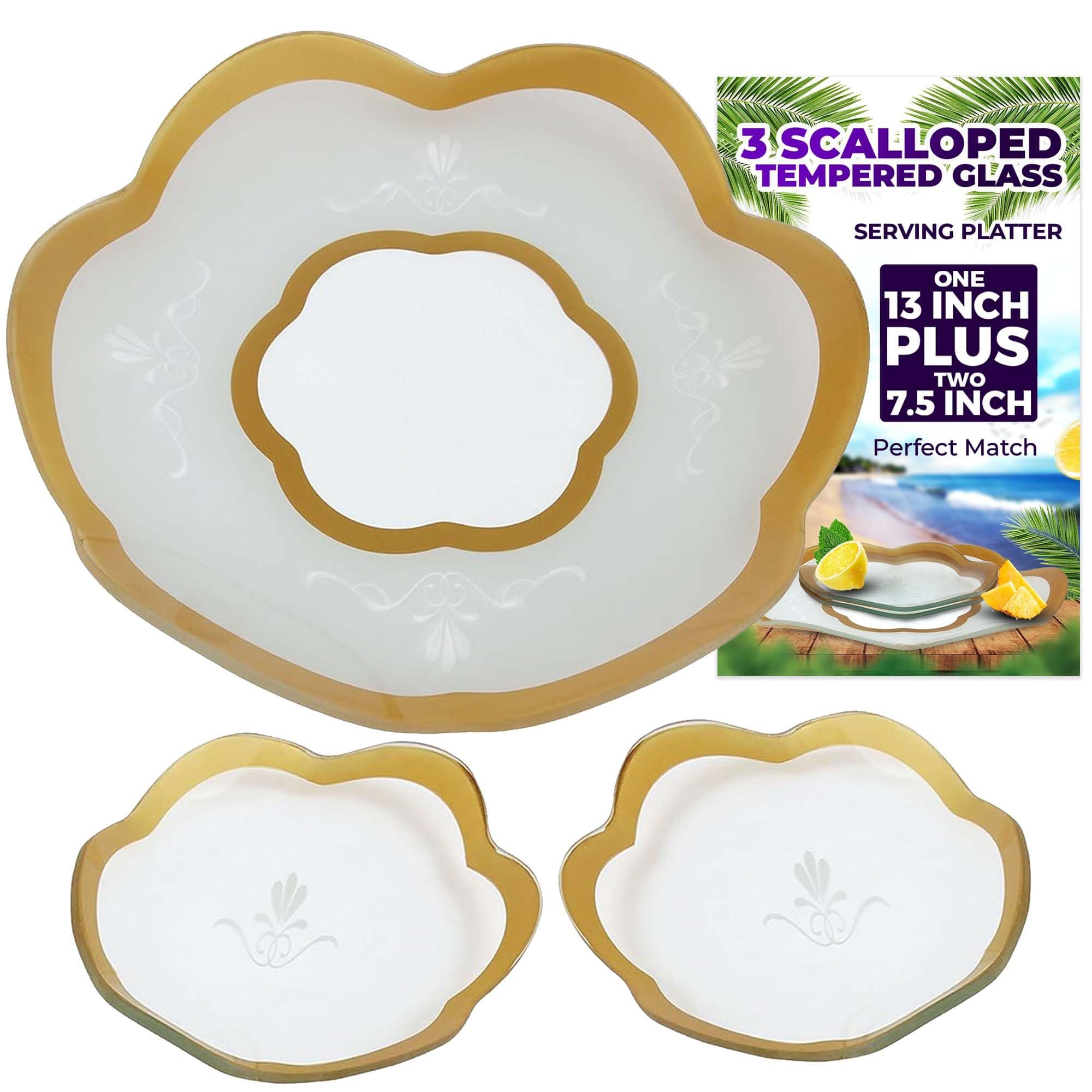GAC Scalloped Tempered Glass Dessert Plates and Platters - Elegant Dinnerware & Decorative Plates with Gold Trim, Ideal for Serving Food, Special Occasions, and Presents - Set of 3