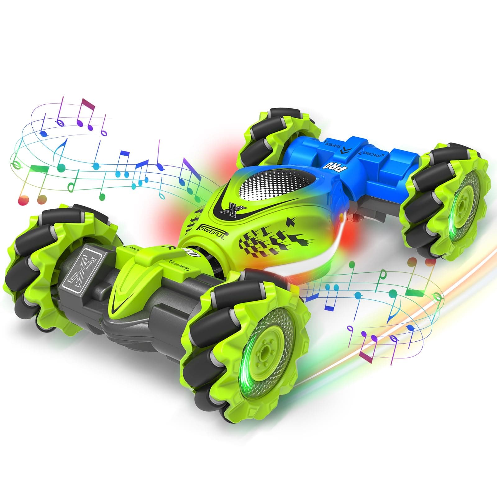 Gesture RC Car, 4WD 2.4GHz Hand Controlled Stunt Sensor Toy Cars Double Sided Rotating Off Road Vehicle Remote Control Car with Lights Music, Green, Blue, 7.10 x 2.2 x 3.9 inch