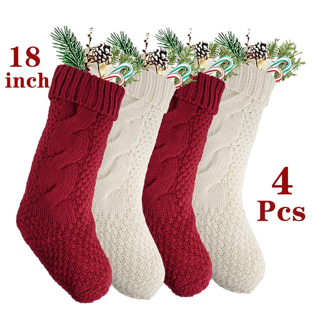 QBSM Christmas Stockings, 4 Pack 18 inches Large Size Cable Knit Knitted Xmas Rustic Personalized Stocking Decorations for Family Holiday Season Decor, Cream White and Burgundy