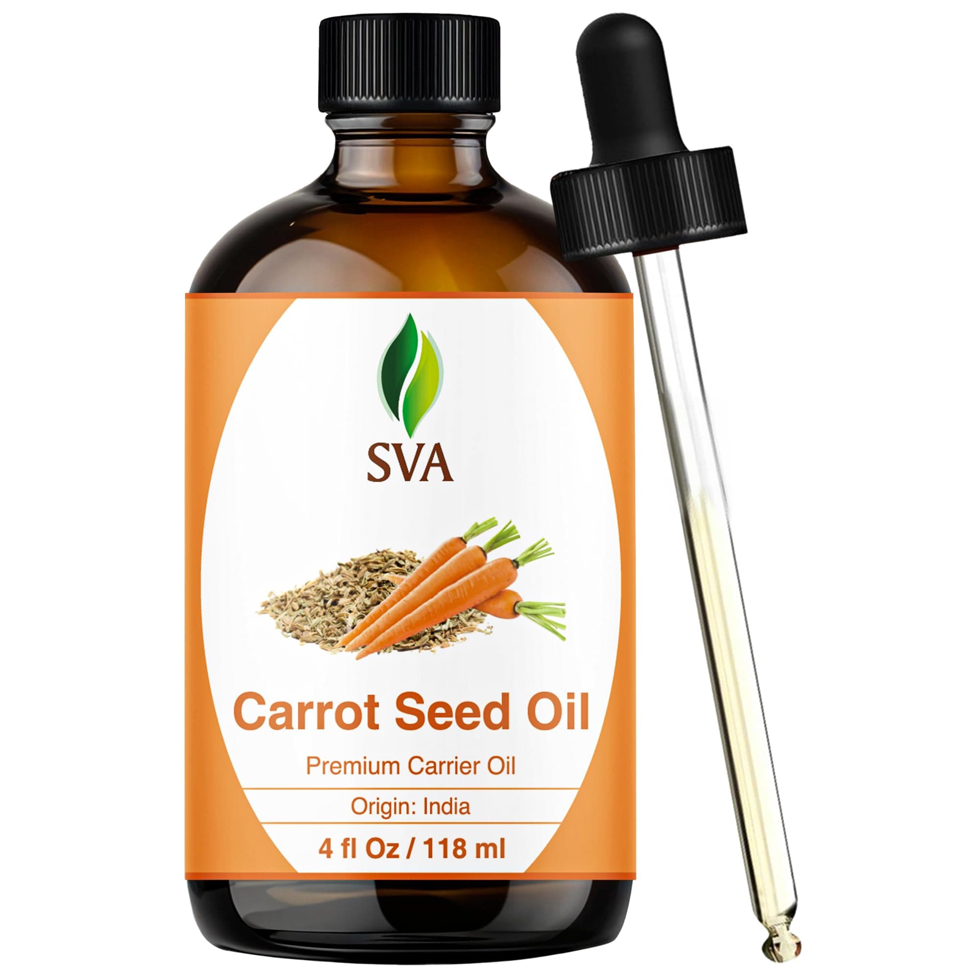 SVA Carrot Seed Oil - 4 Fl Oz – 100% Natural Cold Pressed Carrot Oil - for Face, Skin Care, Hair Care, Scalp Massage & Body Massage – Carrier Oil with Dropper
