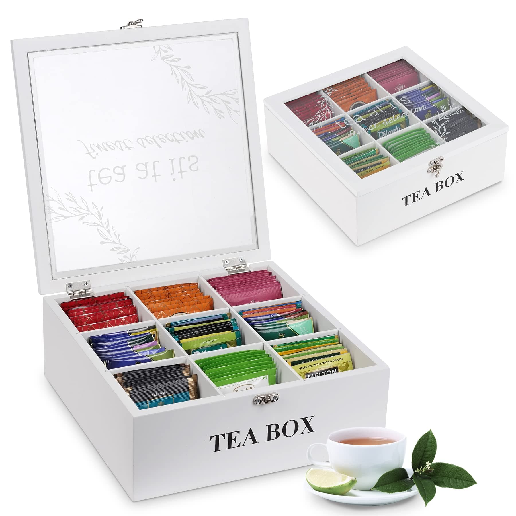 handrong Tea Box Organizer,Wood Tea Bag Holder Organizer,Modern Teas Bag Storage with 9 Compartments and Glass Cover for Home Office Gift