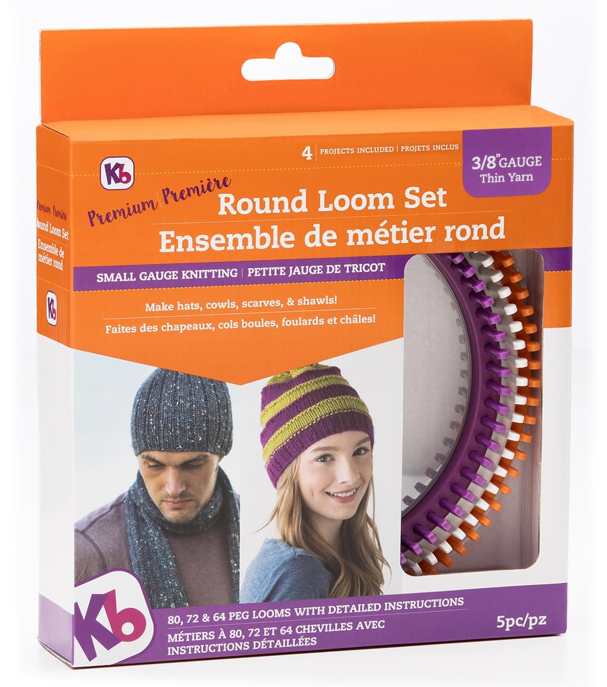 Authentic Knitting Board Premium Round Loom Set, Purple, Orange/Gray