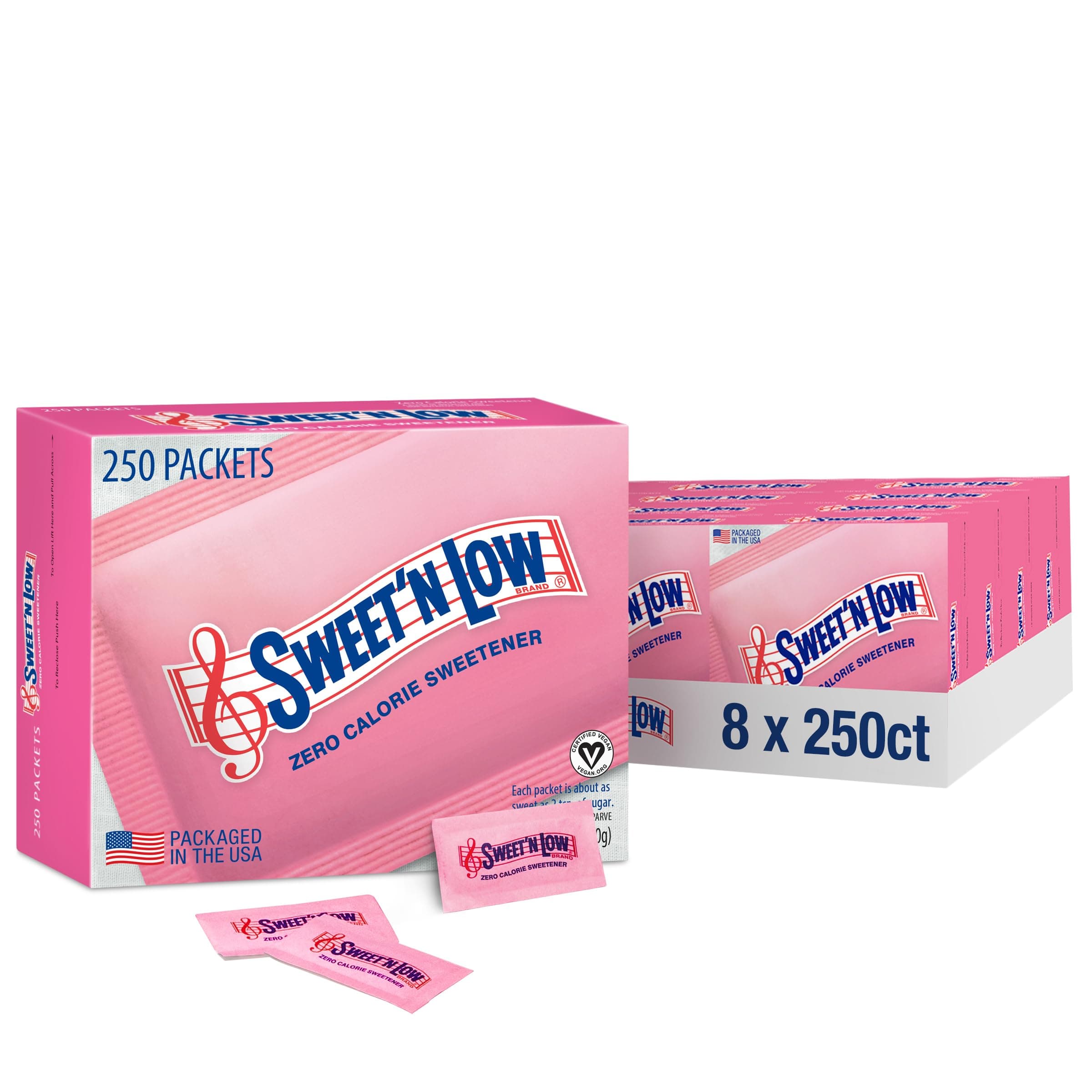 Sweet'N Low Zero-Calorie Sweetener | Contains Saccharin, Sugar Substitute, Keto, Vegan, Gluten-Free | Great for Cooking, Baking, Coffee, Tea, Hot/Cold Beverages | 250 Packets (8 Pack)