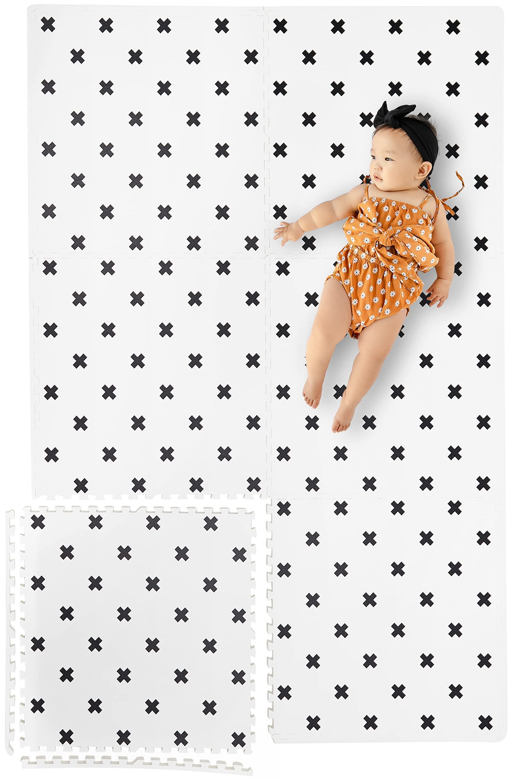 YAY! MATS Stylish Extra Large Baby Play Mat. Soft, Thick, Non-Toxic Foam Covers (6 ft x 4 ft) Expandable Tiles with Edges Infants and Kids Playmat, Tummy Time Mat |Brooklyn Cross White|