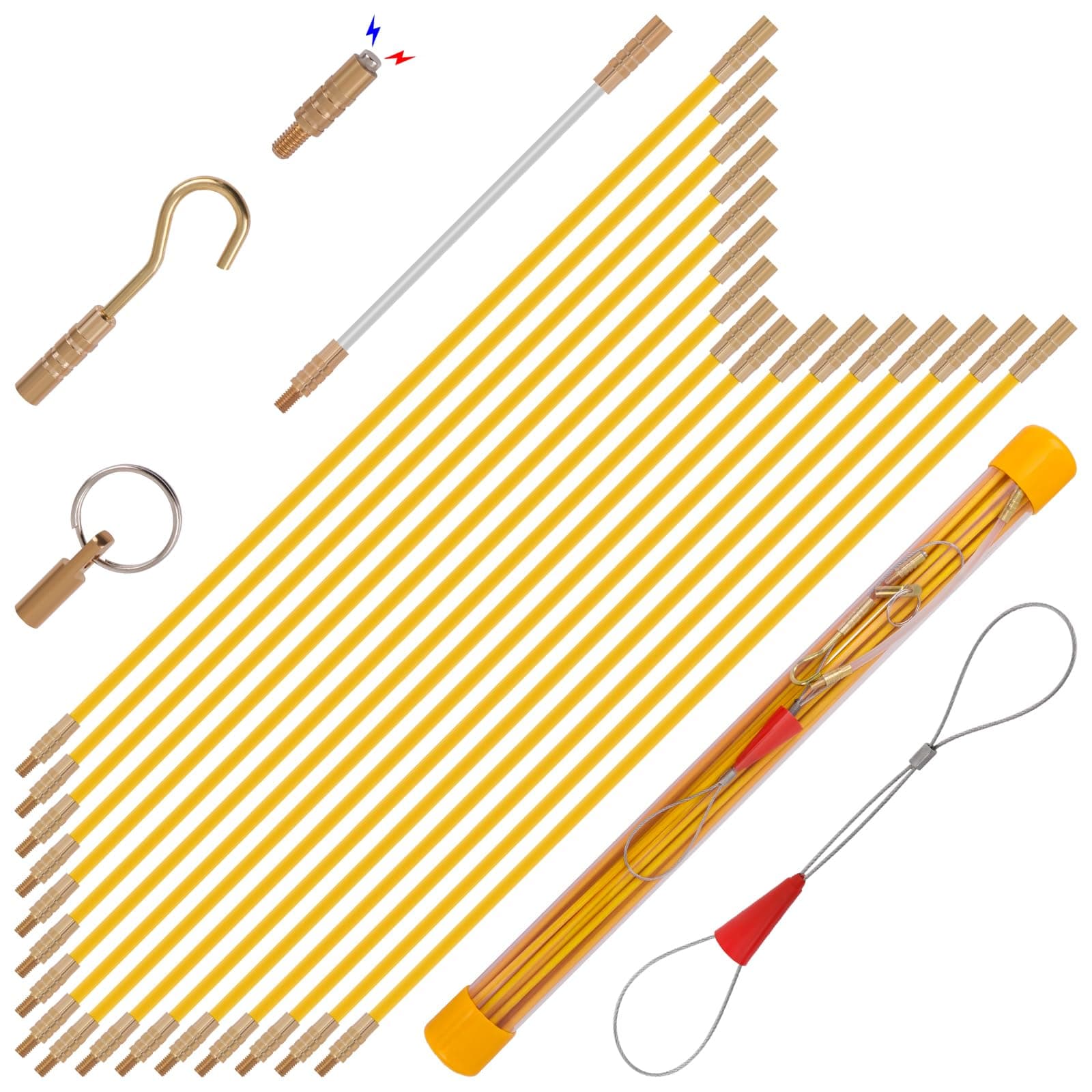 22FT Fiberglass Running Electrical Wire Cable Pulling Fish Tape kit in a Carrying Case Through Wall Cable Snake Rods Electrical Tools Kit with Different Attachments