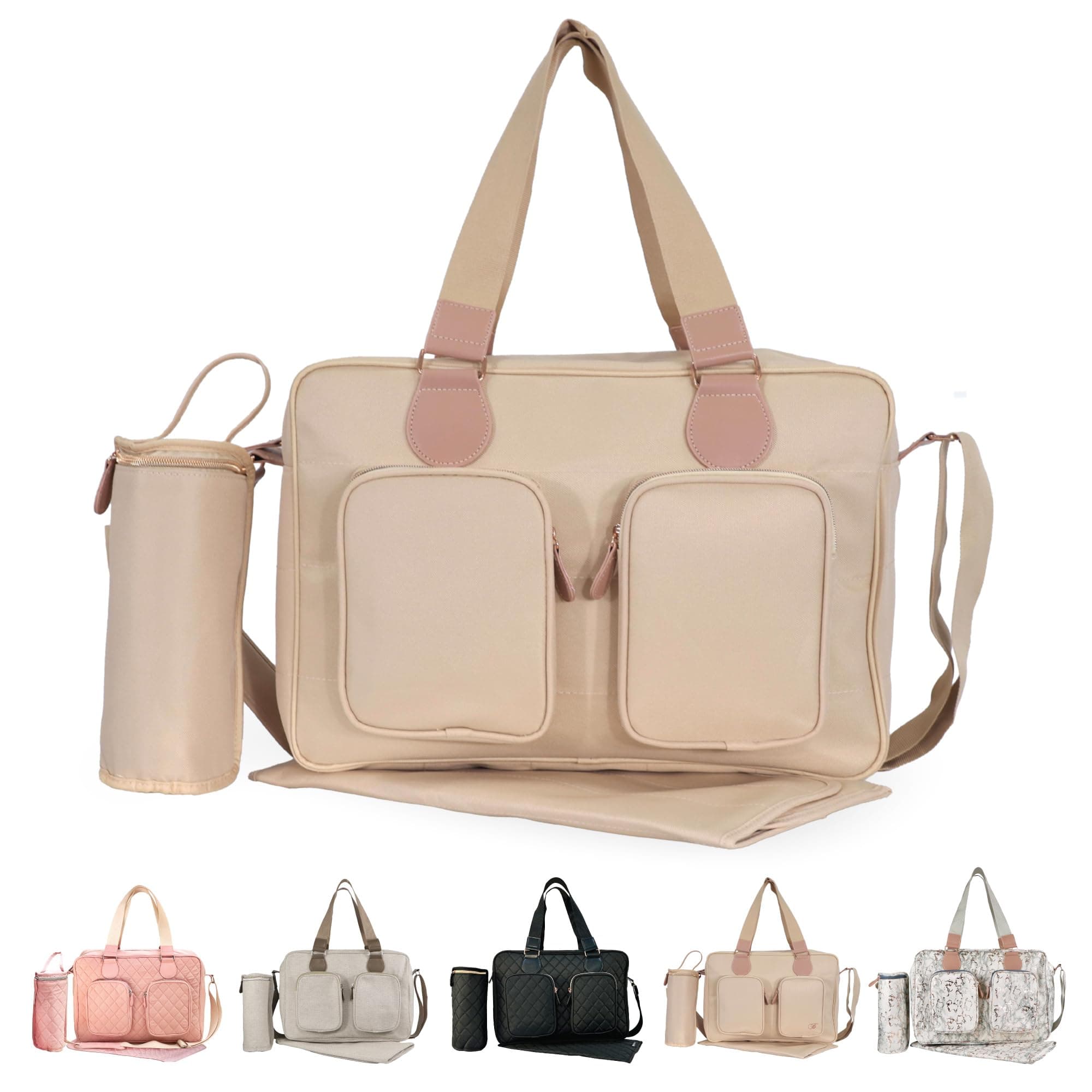 Changing Bag Tote - With Insulated Bottle Holder, Portable Changing Mat, Baby Travel Bag, Nappy Messenger Bag, 2 Front Pockets