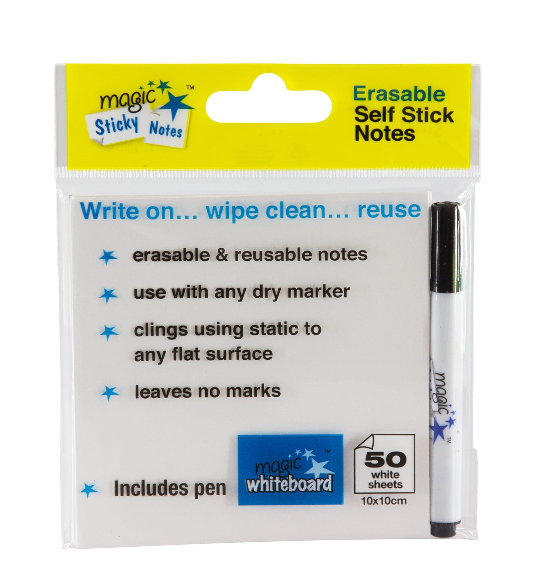 Magic Whiteboard Sticky Note Pad White 50 Sheets (4”x4”) Portable Dry-Erase Surface | Removable Static Cling | Home, Office or Classroom Use (MW1352)