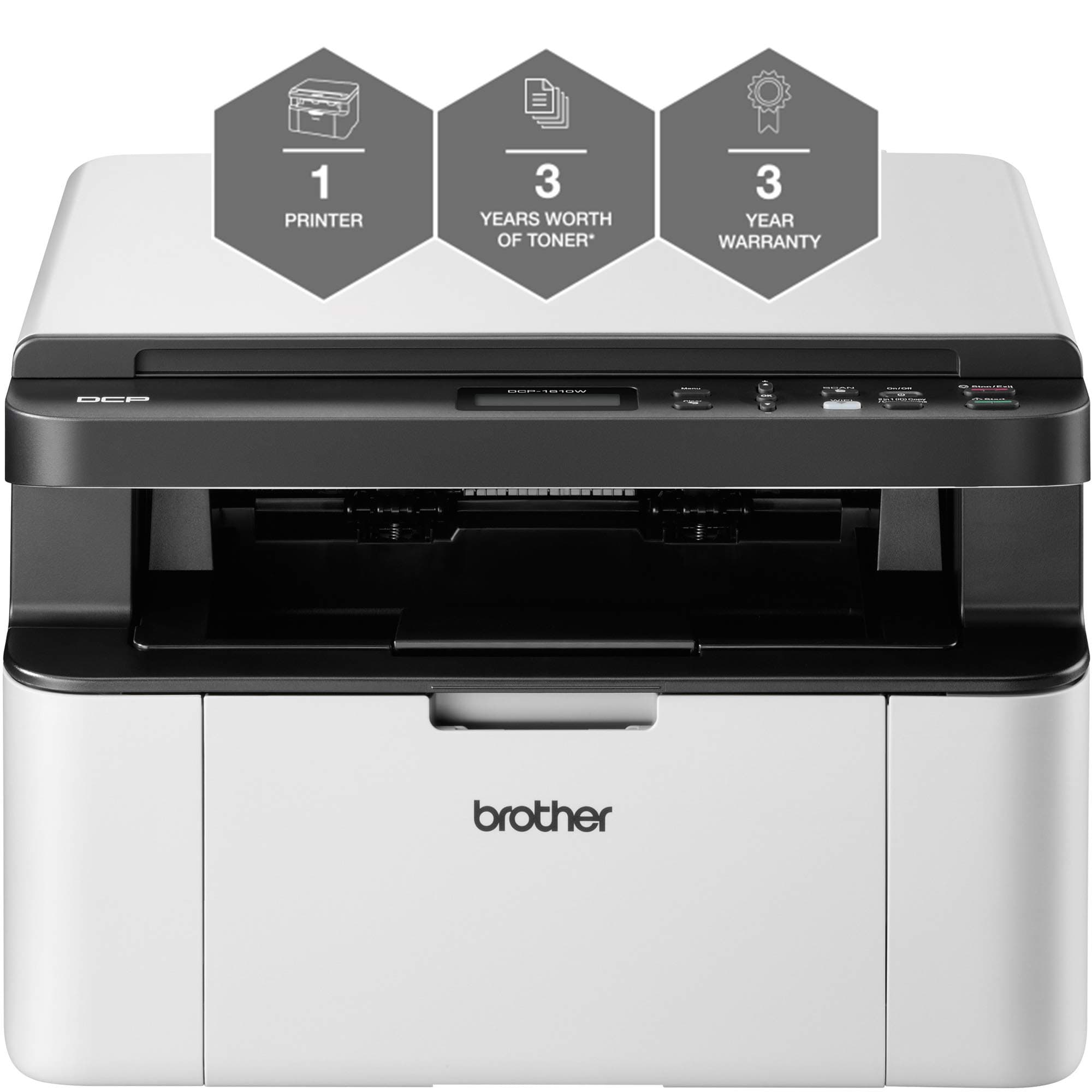 Brother DCP-1610W 'All in Box Bundle' Mono Laser Printer - All-in-One, Wireless/USB 2.0, Printer/Scanner/Copier, Compact, A4 Printer, Up to 3 Years’ Worth Of Printing