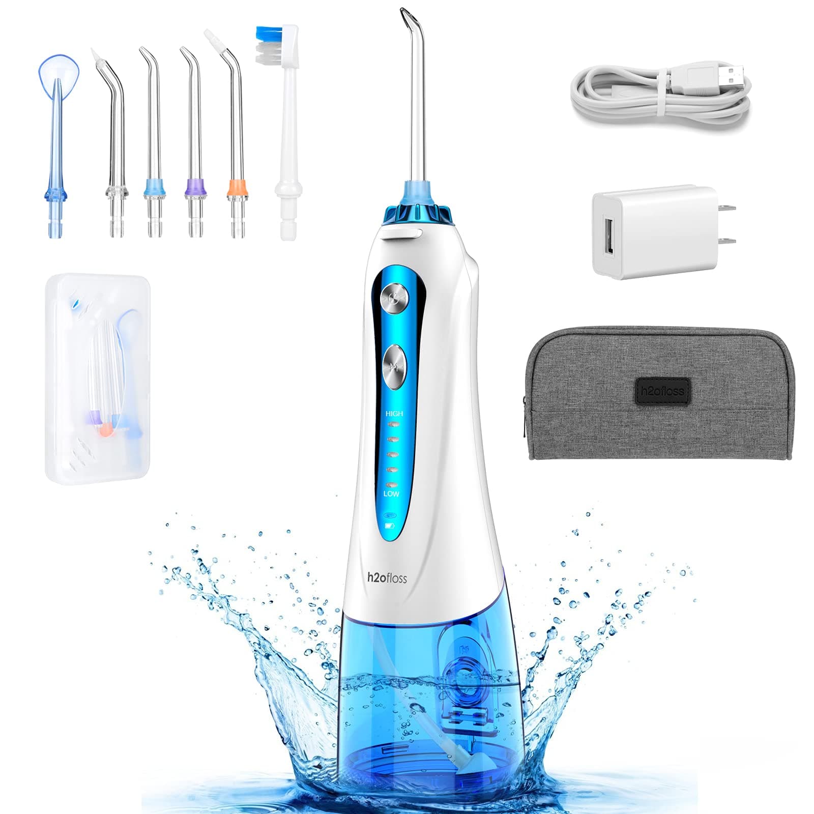Water Dental Flosser Cordless for Teeth - H2ofloss Portable Oral Irrigator, Rechargeable Water Teeth Cleaner for Home Travel, IPX7 Waterproof, 5 Modes and 6 Jet Tips for Braces & Bridges Care