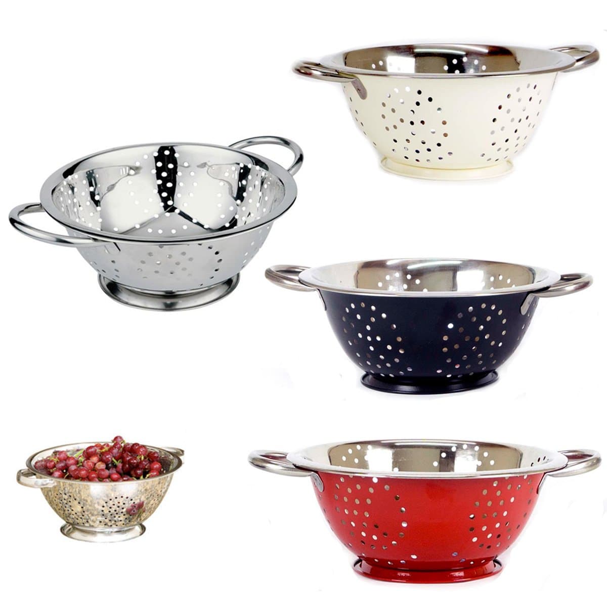 Black Colander Strainer Twin-Handle Stainless Steel Kitchen Food Pasta Drainer - 24CM