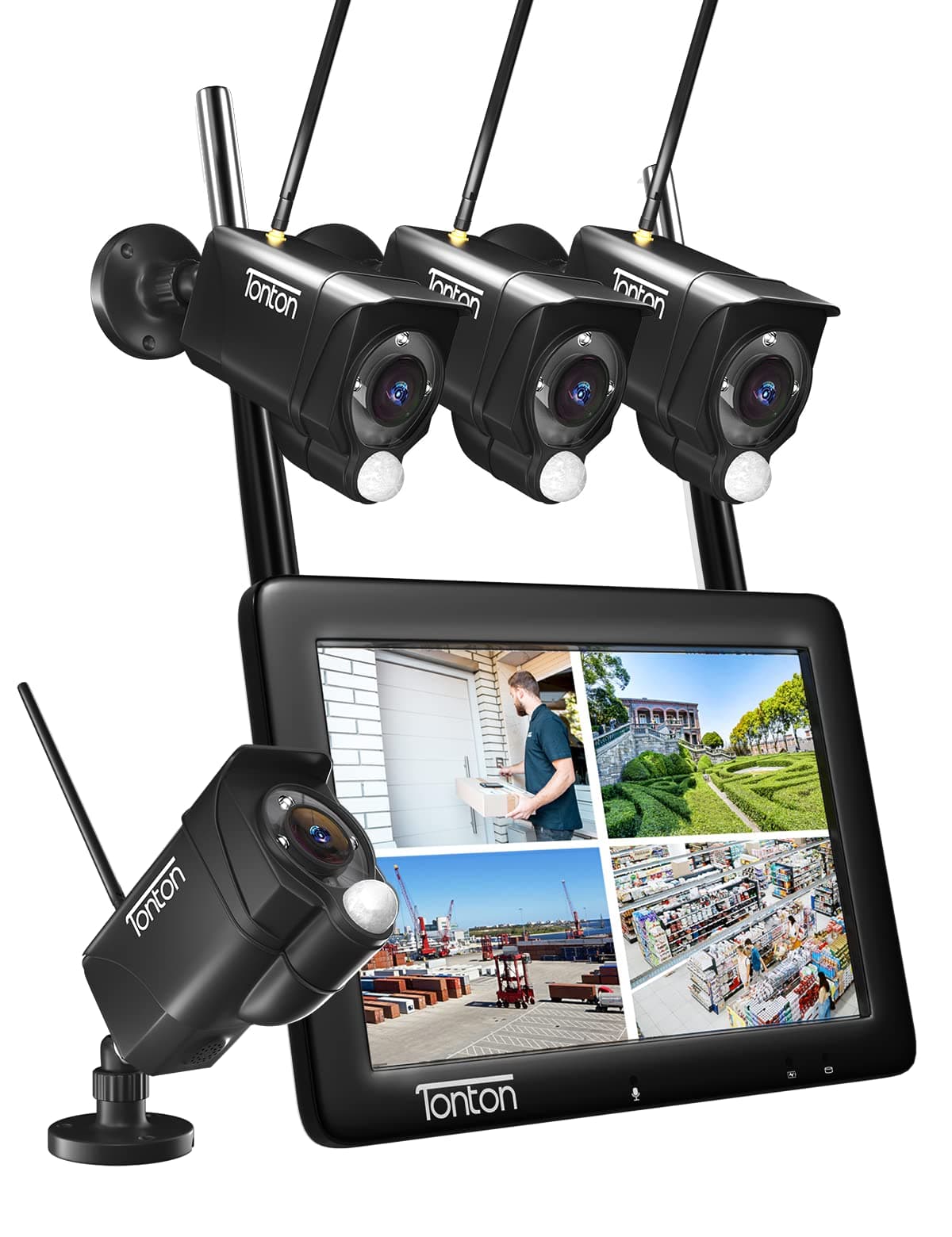 Tonton CCTV Camera System Wireless with Touchscreen Monitor, 4CH NVR with 7" Portable LCD, (4) 3MP Outdoor Floodlight IP Cameras, PIR Motion Detection,2 Ways Audio, Color Night Vision, 32GB SD Card