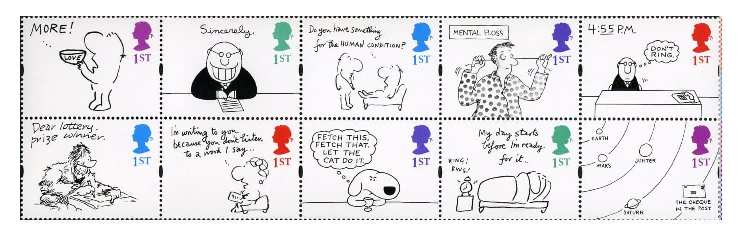 1996 Greetings - Cartoons Stamps for Postage - 10 x Royal Mail 1st Class stamps featuring cartoons by artists, Mel Calman, Charles Barsoti, Leo Cullum, Larry and Jack Ziegle