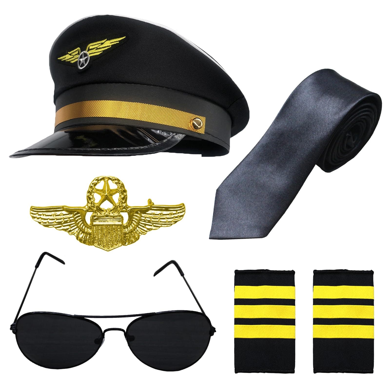 6PCS Airline Pilot Captain Costume Kit Pilot Dress up Accessory Set Halloween Dress Up Accessories Set