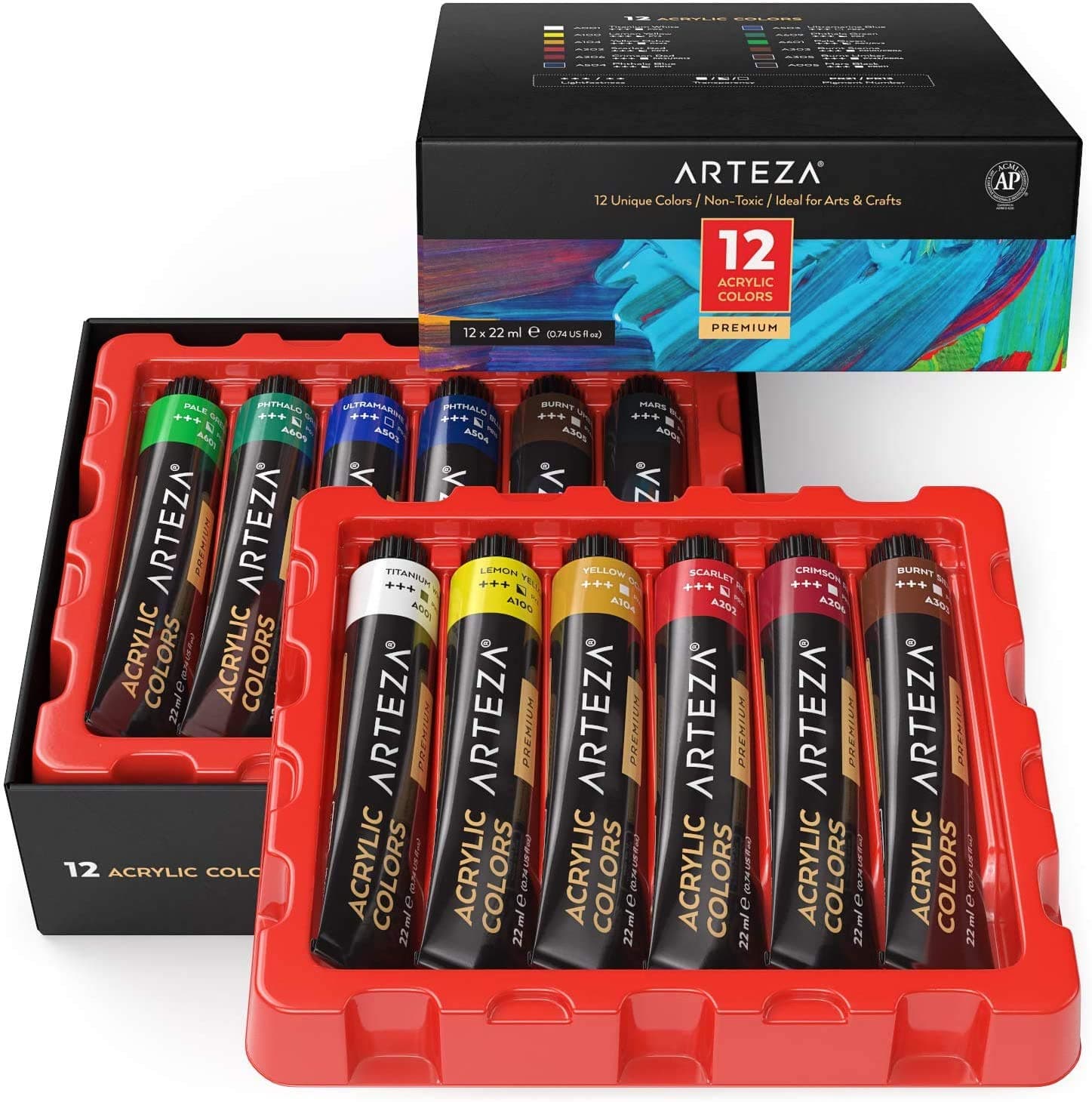 ARTEZA Acrylic Paint Set of 12 Colors, 0.74 Ounces Tubes, Acrylic Artist Paints. Art Supplies for Painting