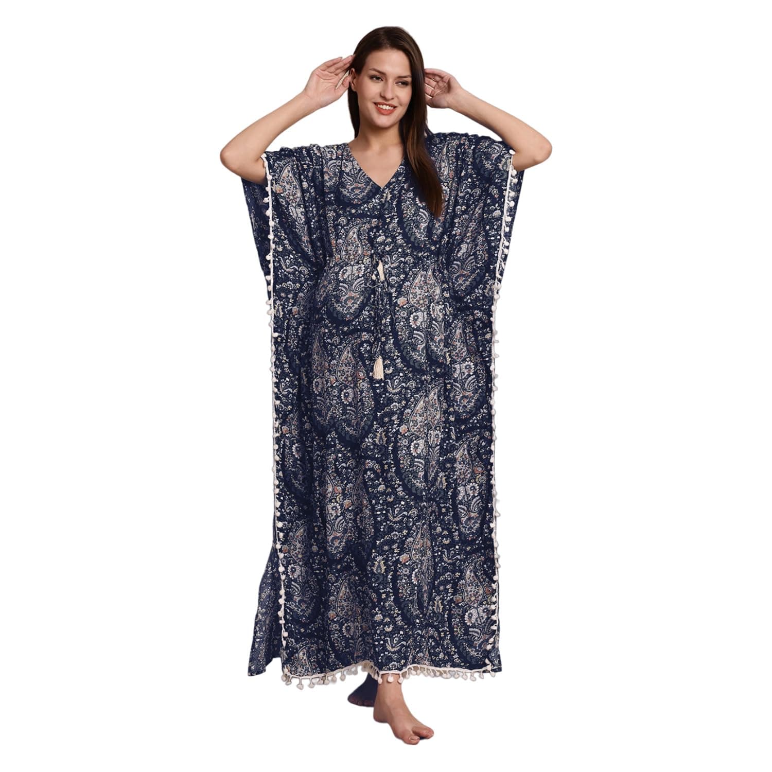 Rayon Maternity Kaftan Nighty/Free Size/Feeding/Nursing/Zipper/Drawstring/Screen Print/Full Length