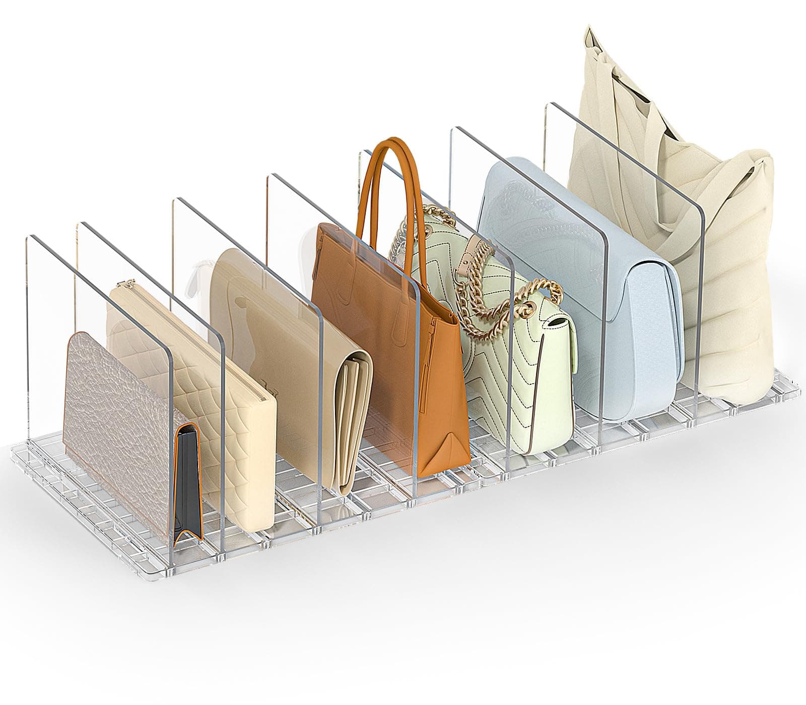 Bag & Purse Organizer for Closet: Adjustable Clear Handbag Storage Shelf - Plastic Clutch Dividers for Closet Organizers and Storage - Keep Carteras & Pocketbook Upright