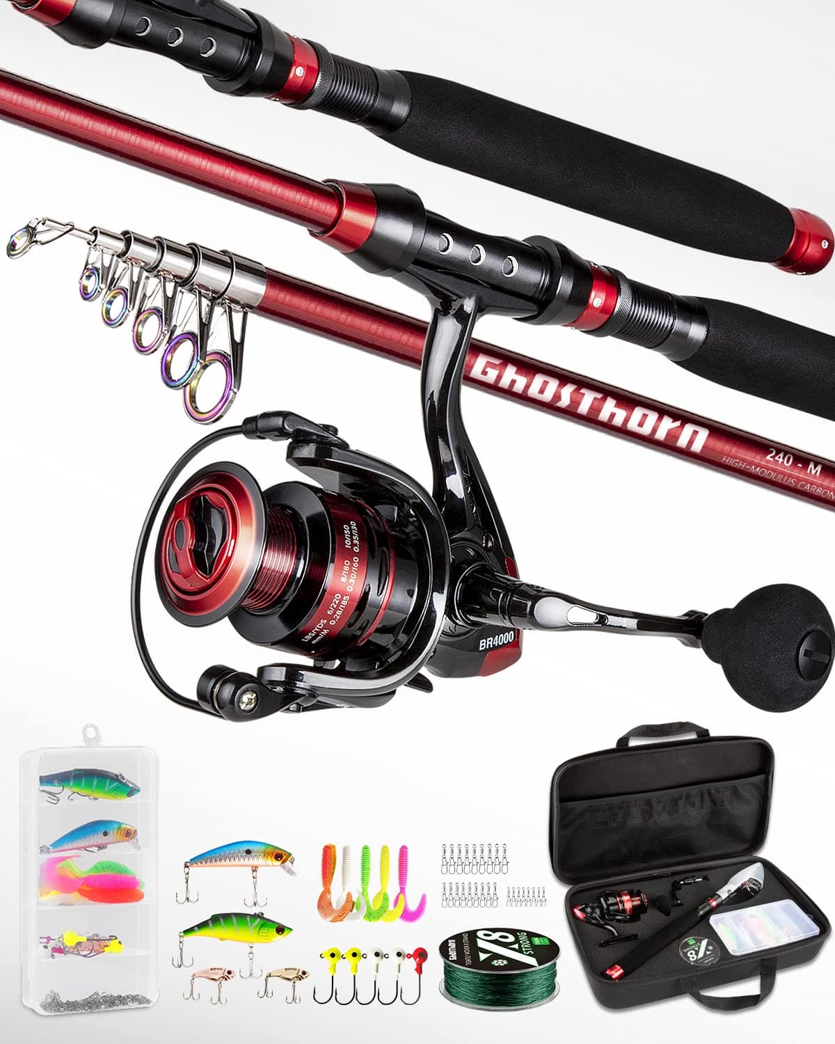 Ghosthorn Fishing Rod and Reel Combo, Telescopic Fishing Pole for Men Collapsible Portable Fishing Kit Compact Travel Fishing Pole with Carrier Bag Freshwater Saltwater Fishing Gifts for Dad 8.8ft